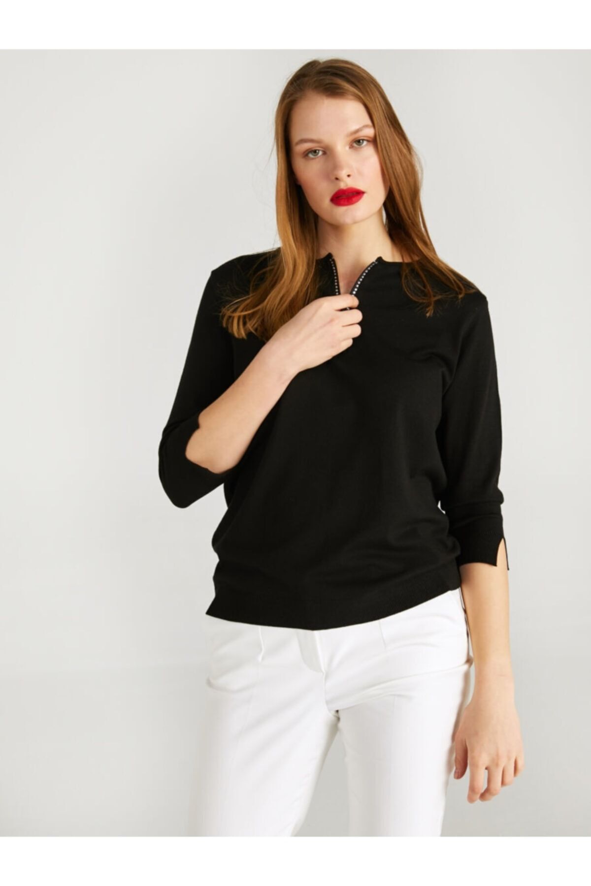 Faik Sönmez Kadın Siyah Yakası Taş Detaylı Fermuarlı Triko Bluz 62623