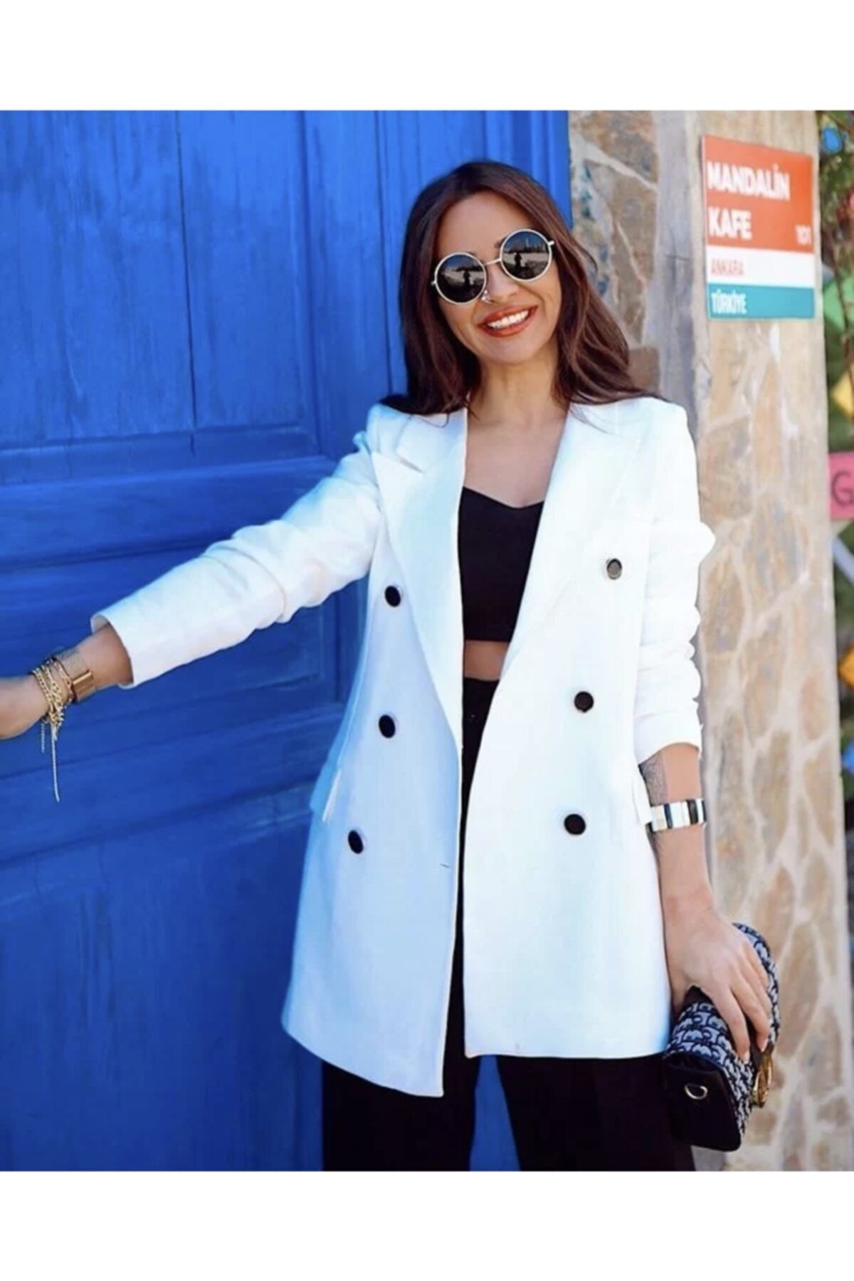 BENGİ BUTİK Kadın Beyaz Düğme Detaylı Astarlı Blazer Ceket