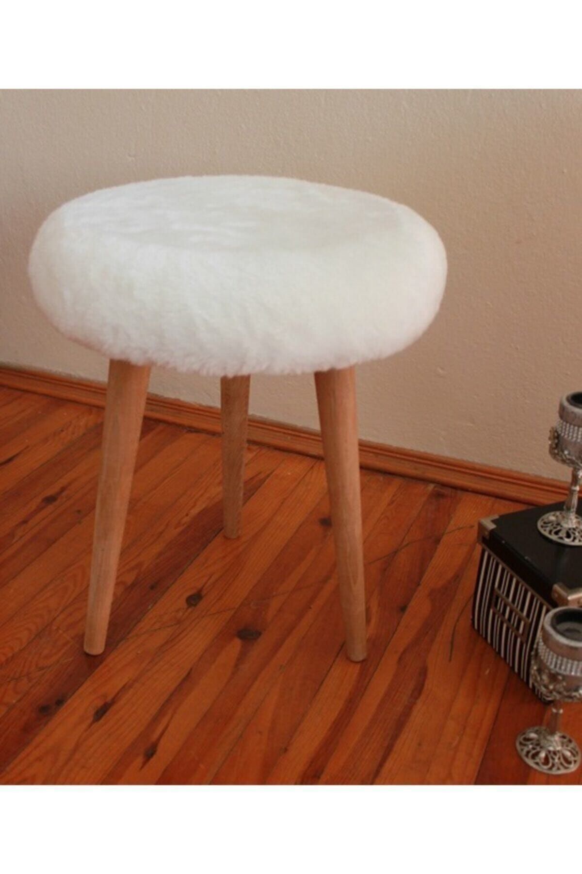 Neta Home Gürgen Ahşap Retro Ayak Dekoratif Beyaz Peluş Puf Tabure Bench Koltuk Sandalye