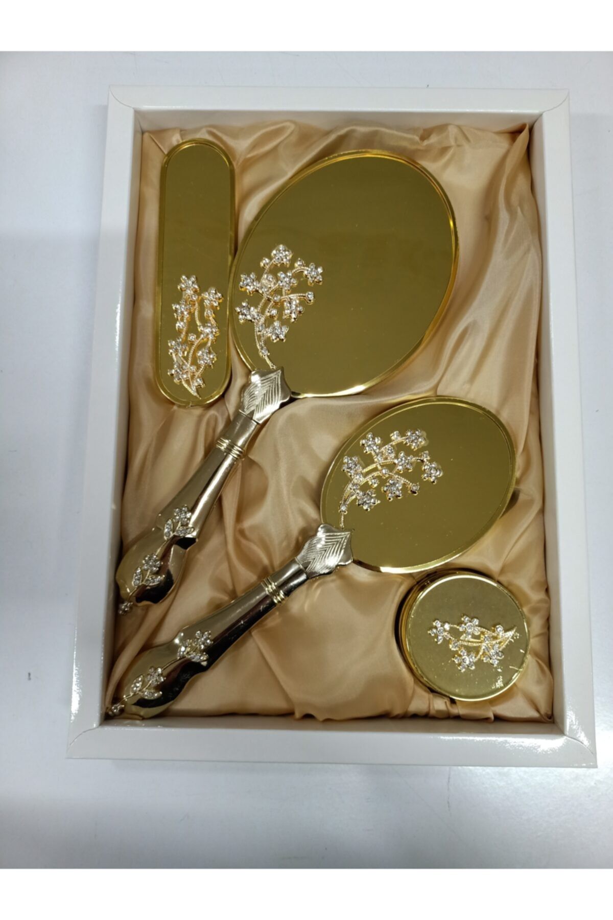Lamazihome Gold Ayna Tarak Takımı Elbise Fırçası Bohça Çeyiz Seti Ayna Tarak 4 Parça