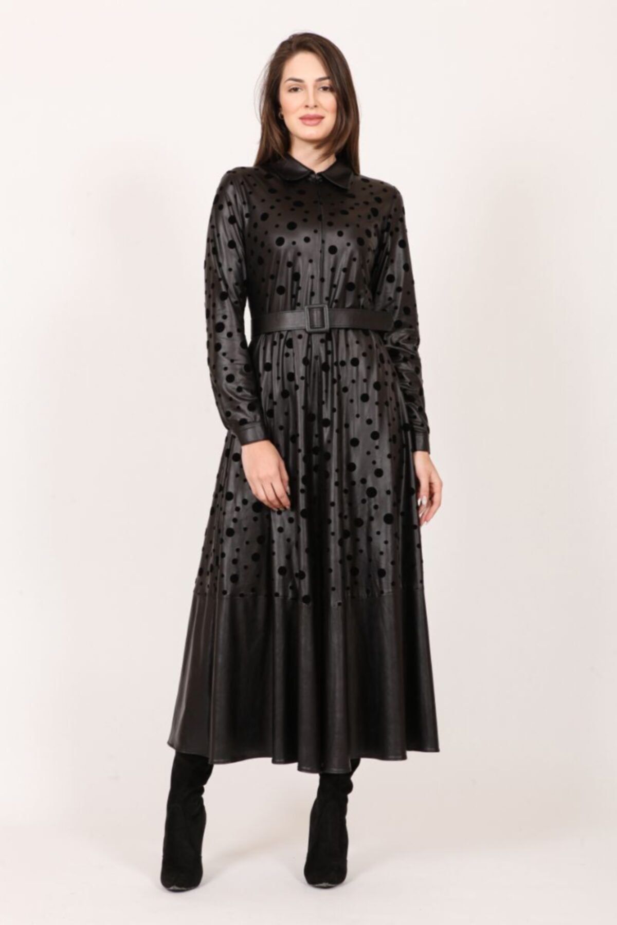 Orhan Flok Baskı Puanlı Deri Görünümlü Elbise - Siyah
