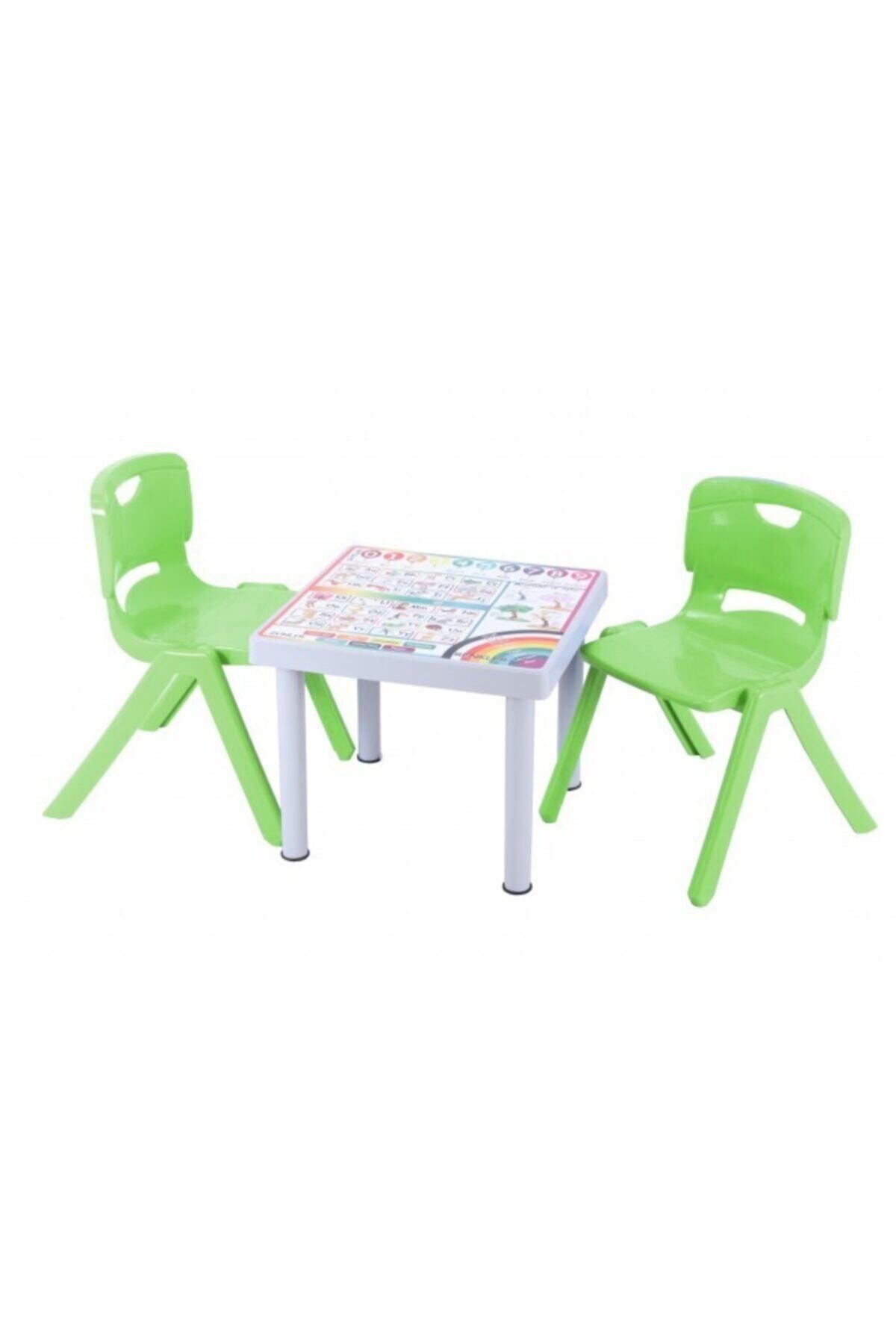 Sağlam Plastik Mandella Rubi Ingilizce Desenli Çocuk Masası 2 Adet Nova Büyük Çocuk Koltuk Yeşil