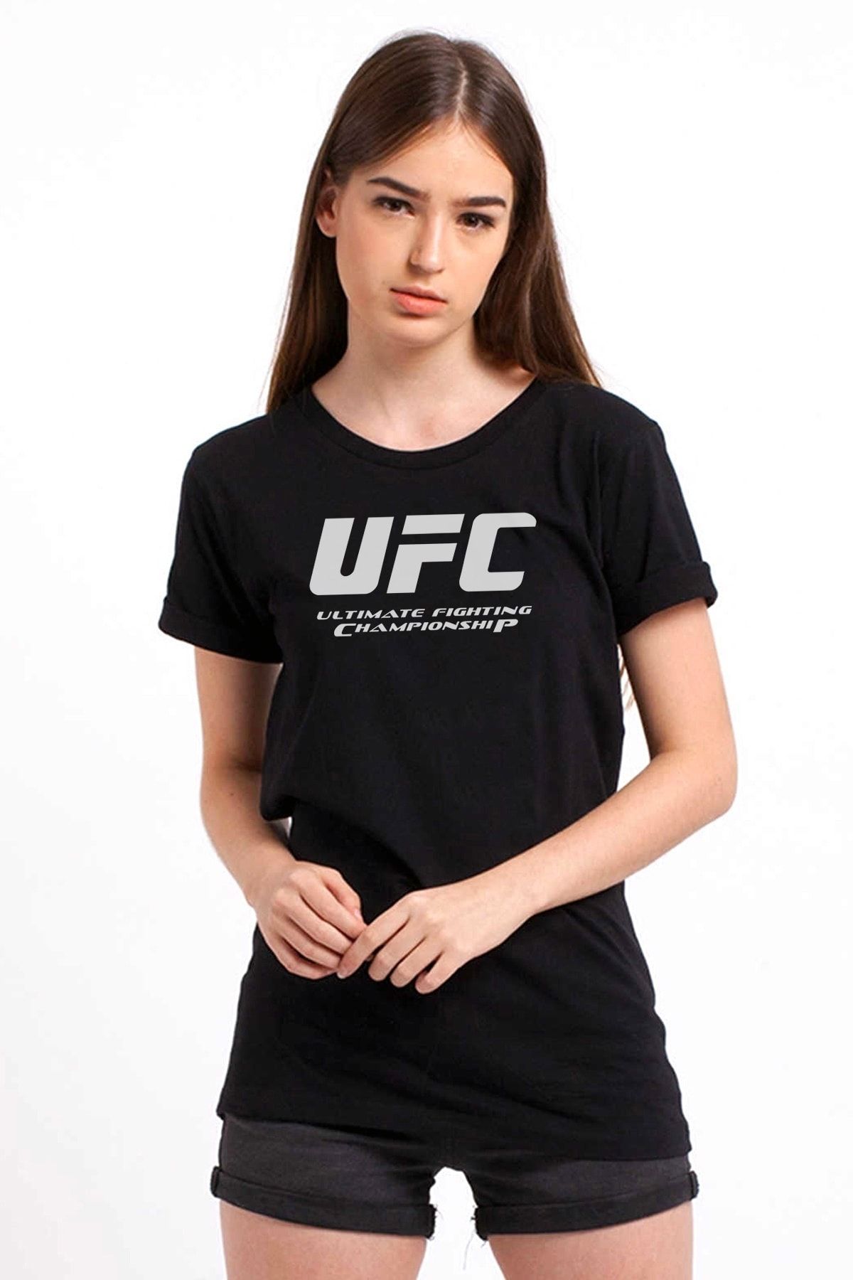 QIVI Ultimate Fighting Championship Baskılı Siyah Kadın Örme Tshirt