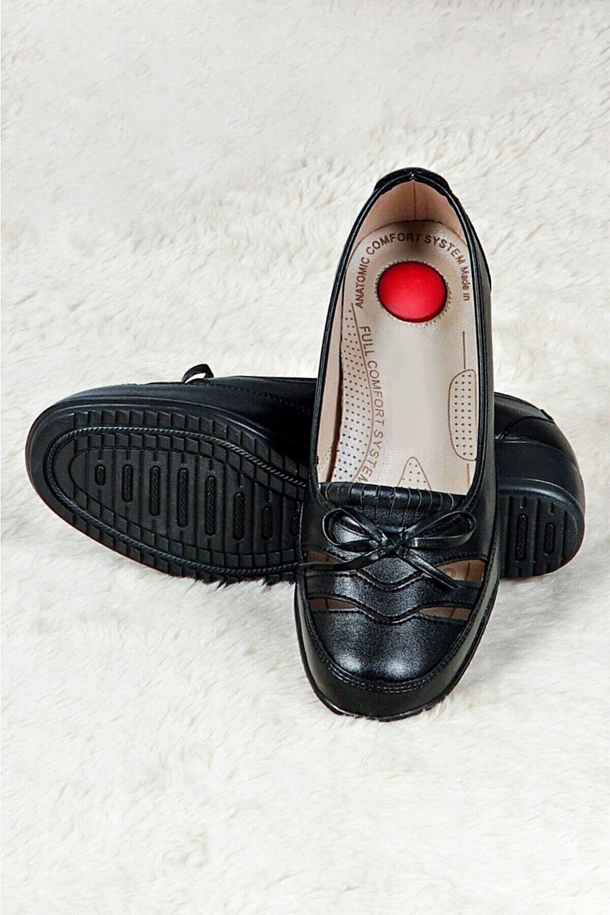Ayakkabı Bahçesi Topuk Dikenine Özel Siyah Yazlık Ortopedik Deri Taban Babet Anne Ayakkabısı