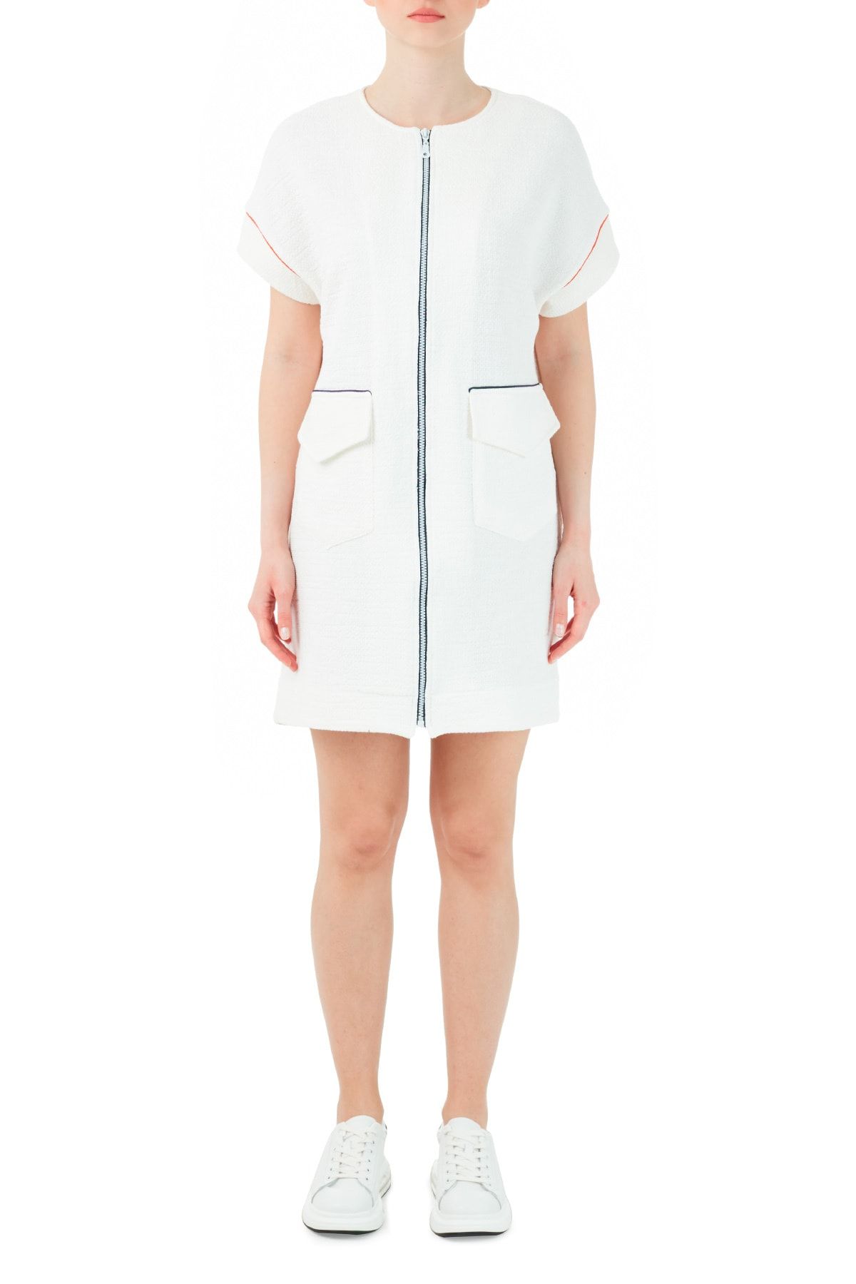 Ruck & Maul Kadın Beyaz Pamuklu Fermuarlı Cepli Mini Elbise Elbise Rmw19000701