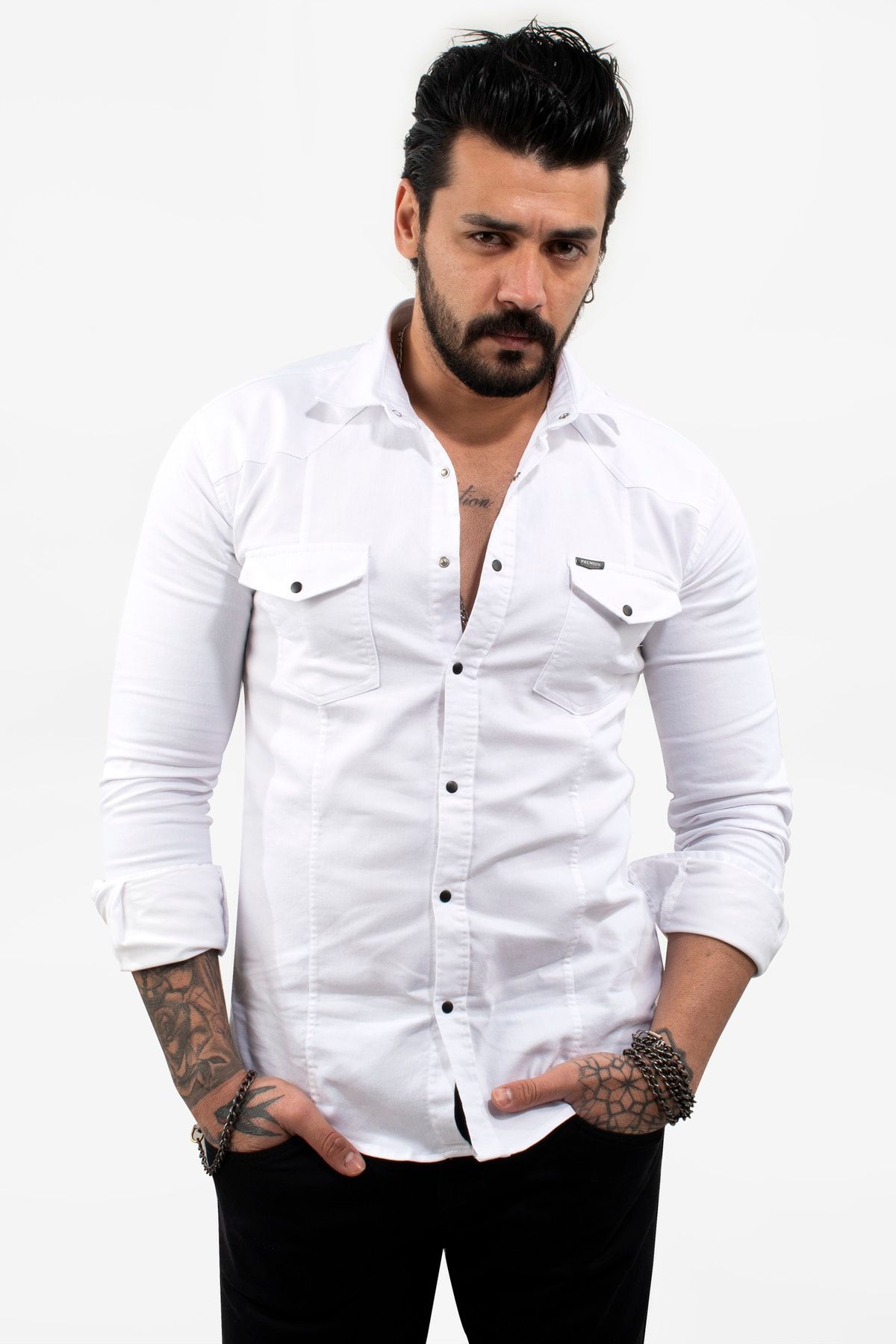 DeepSea Erkek Beyaz Çıt Çıt Kapaklı Likralı Uzun Kol Kot Gömlek 2101826