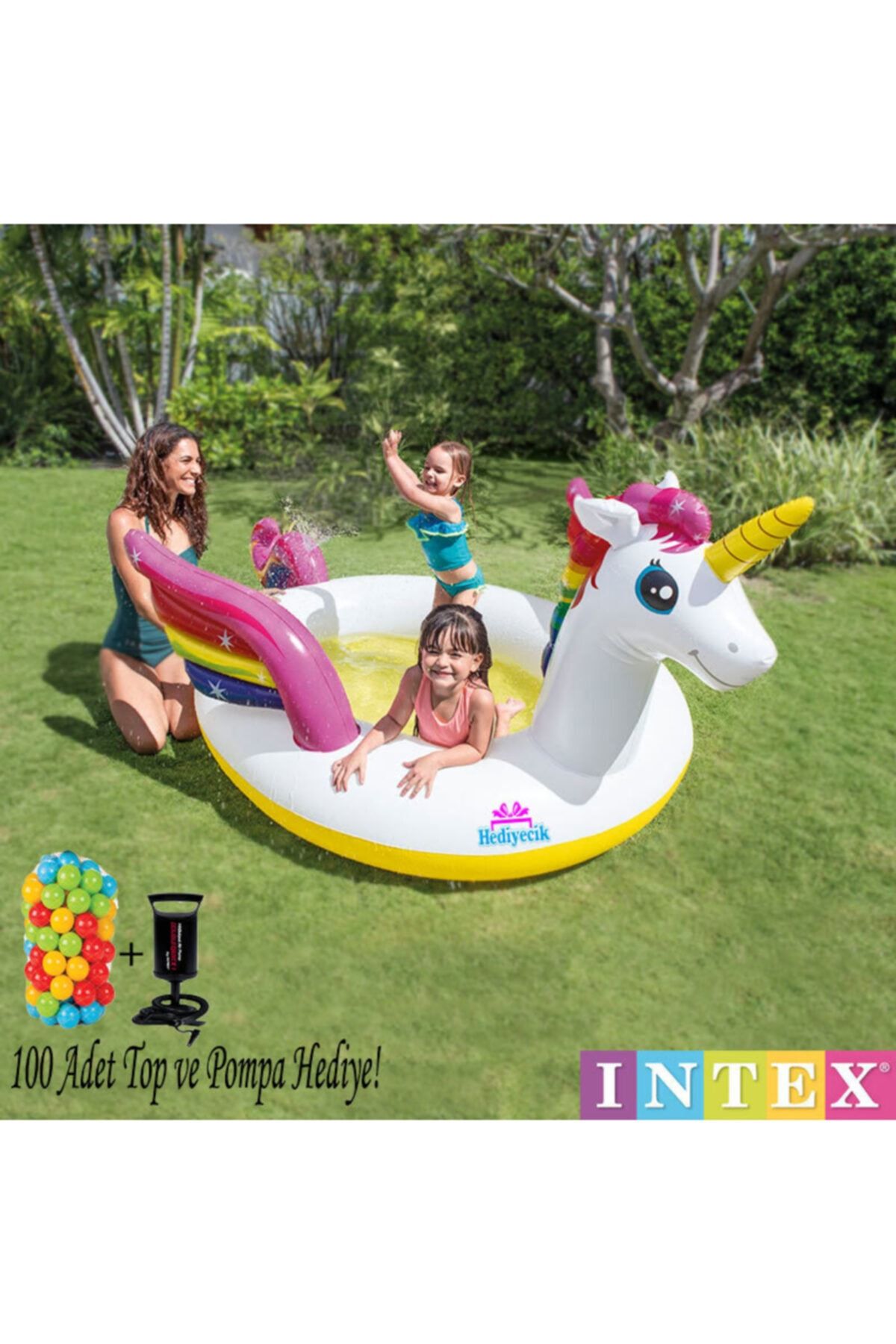 hediyecik Şişme Unicorn Pony At Çocuk Oyun Havuzu Set 272x193x104 Cm Top Ve Pompa