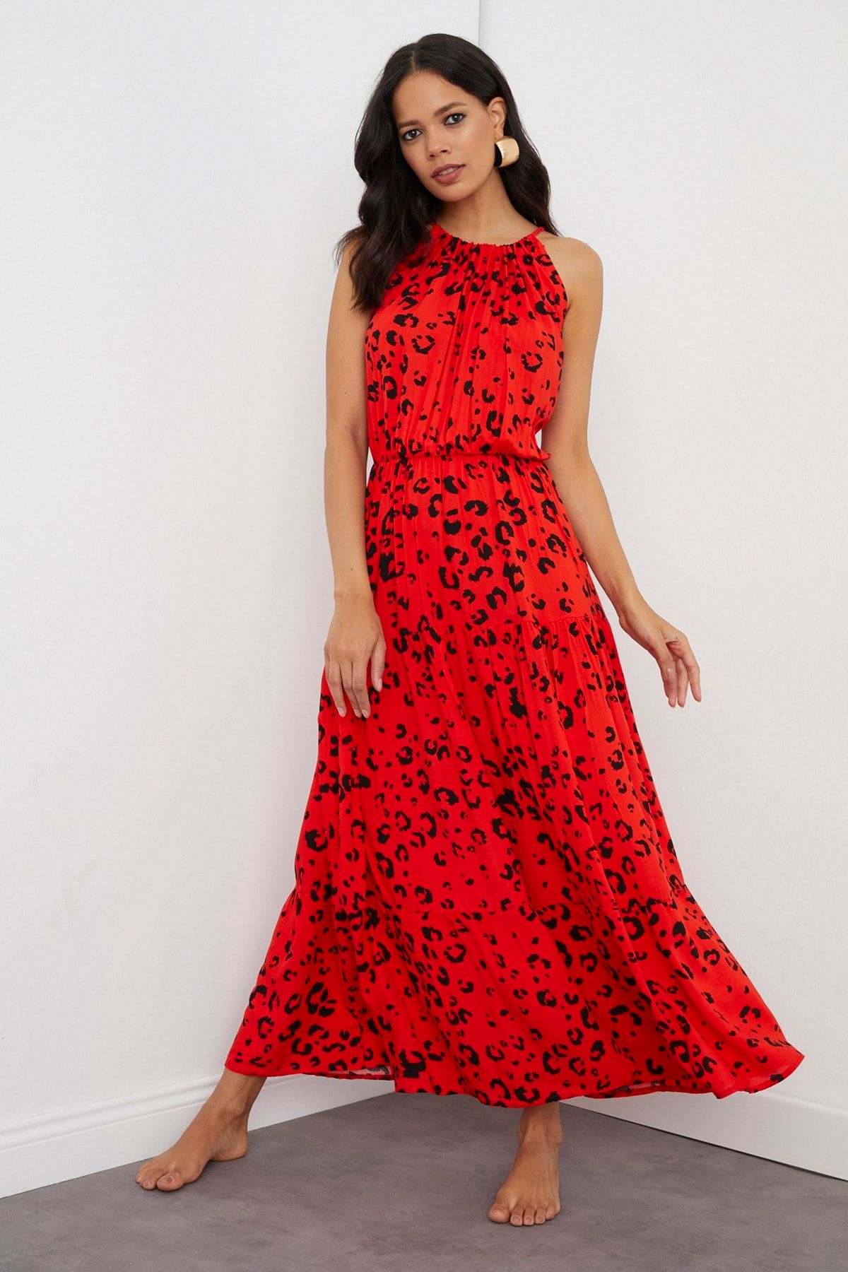 Cool & Sexy Kadın Kırmızı Halter Yaka Maxi Elbise BK1151
