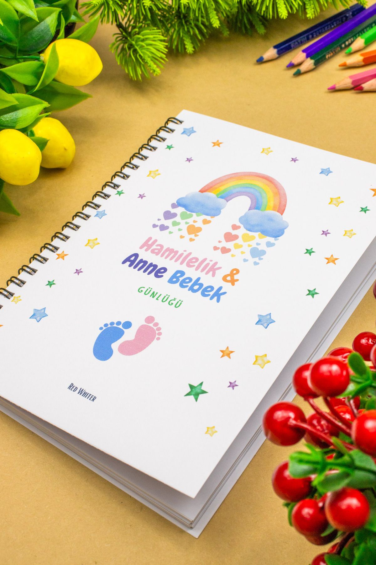 Red Whiter Hamilelik Ve Anne Bebek Günlüğü 14x20 Cm Tasarım Günlük Notebook, (ANA VE UŞAQ)