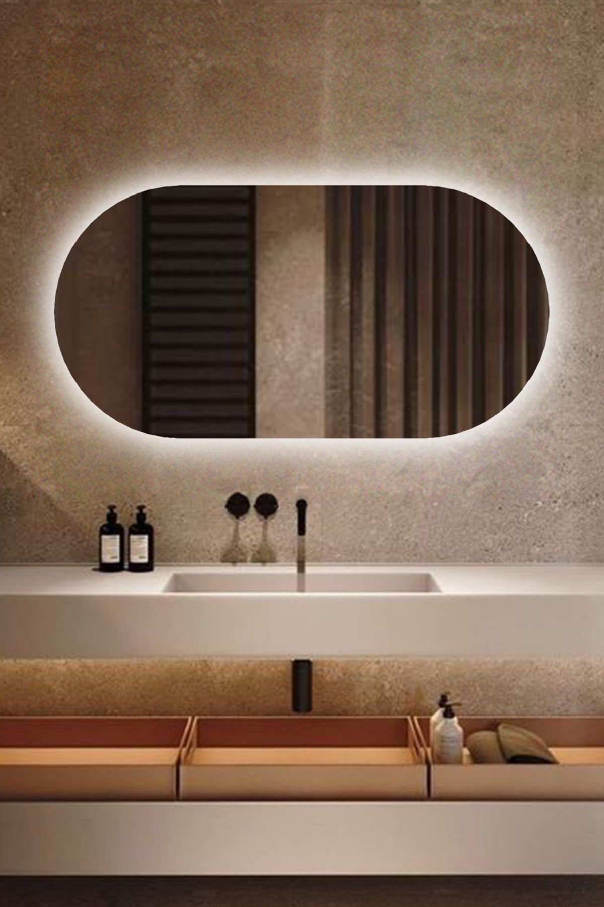 Fawdecor Led Işıklı Oval/Kapsül Model Dekoratif Duvar Aynası, Modern Eşsiz Ayna, Ayna Duvar Dekorasyon Ürünü