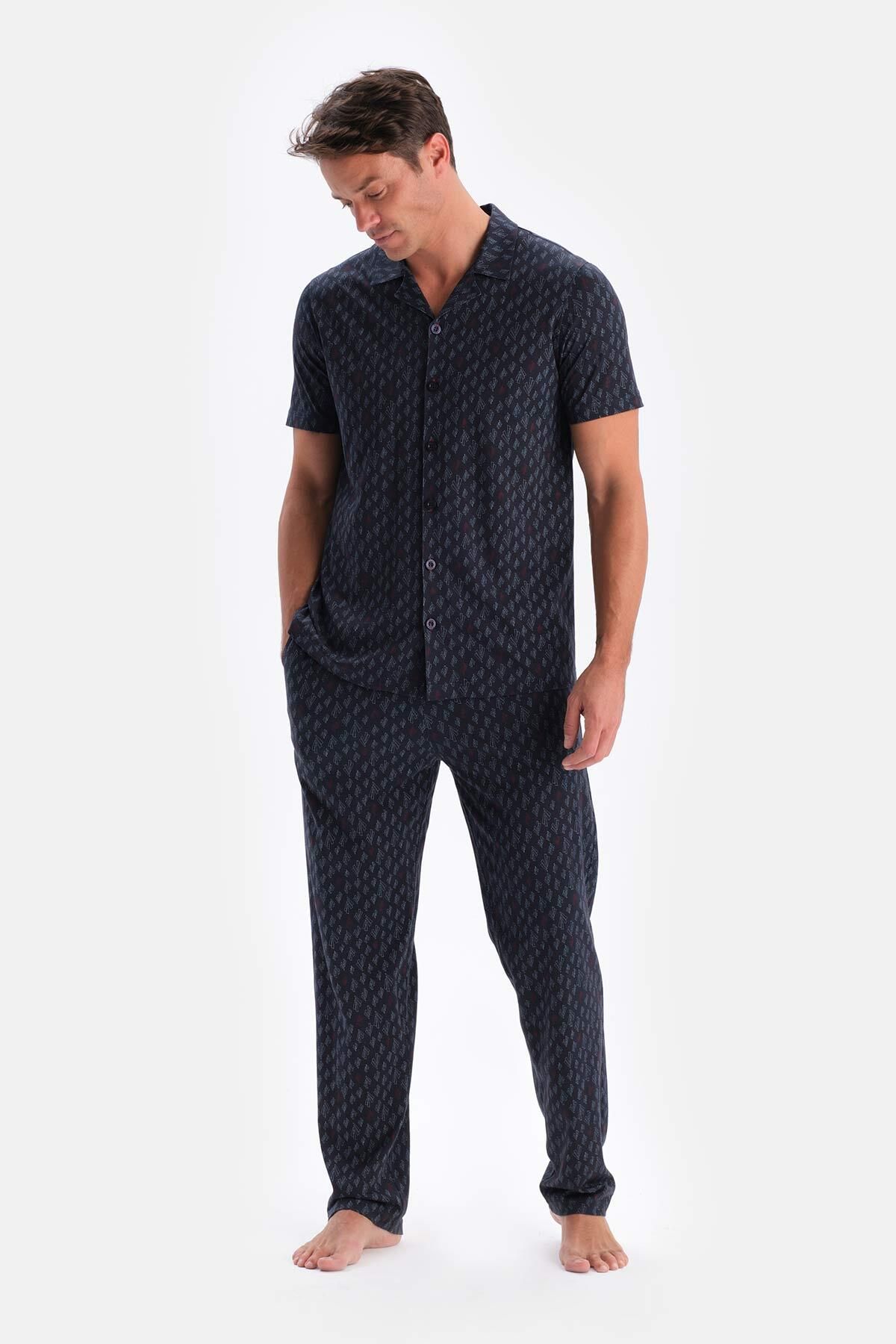 Dagi Lacivert Metraj Baskılı Pamuk Modal Gömlek Pantolon Pijama Takımı