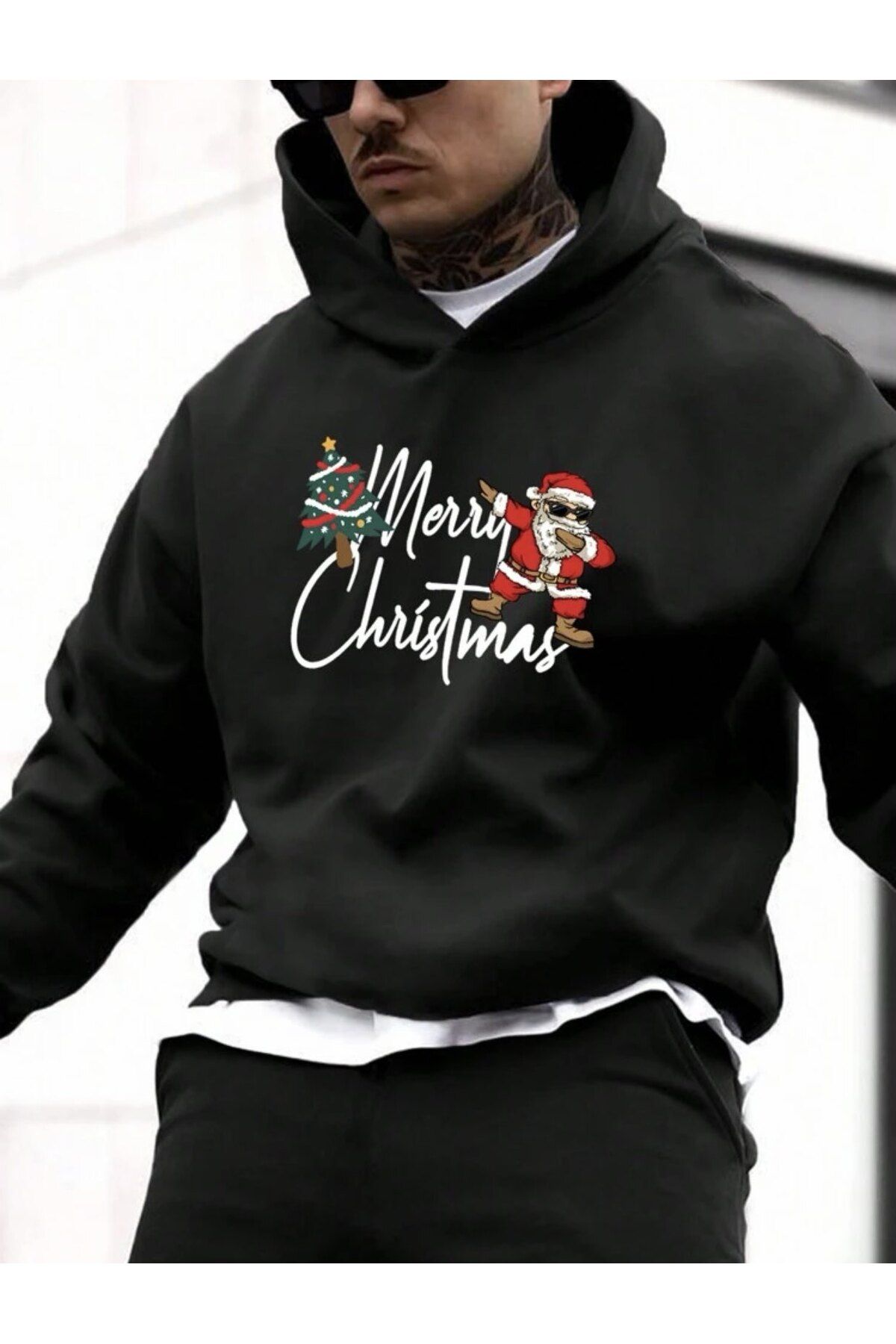 Cakkey Unisex Yılbaşı Temalı Merry Christmas Baskılı Kapüşonlu Oversize Sweatshirt