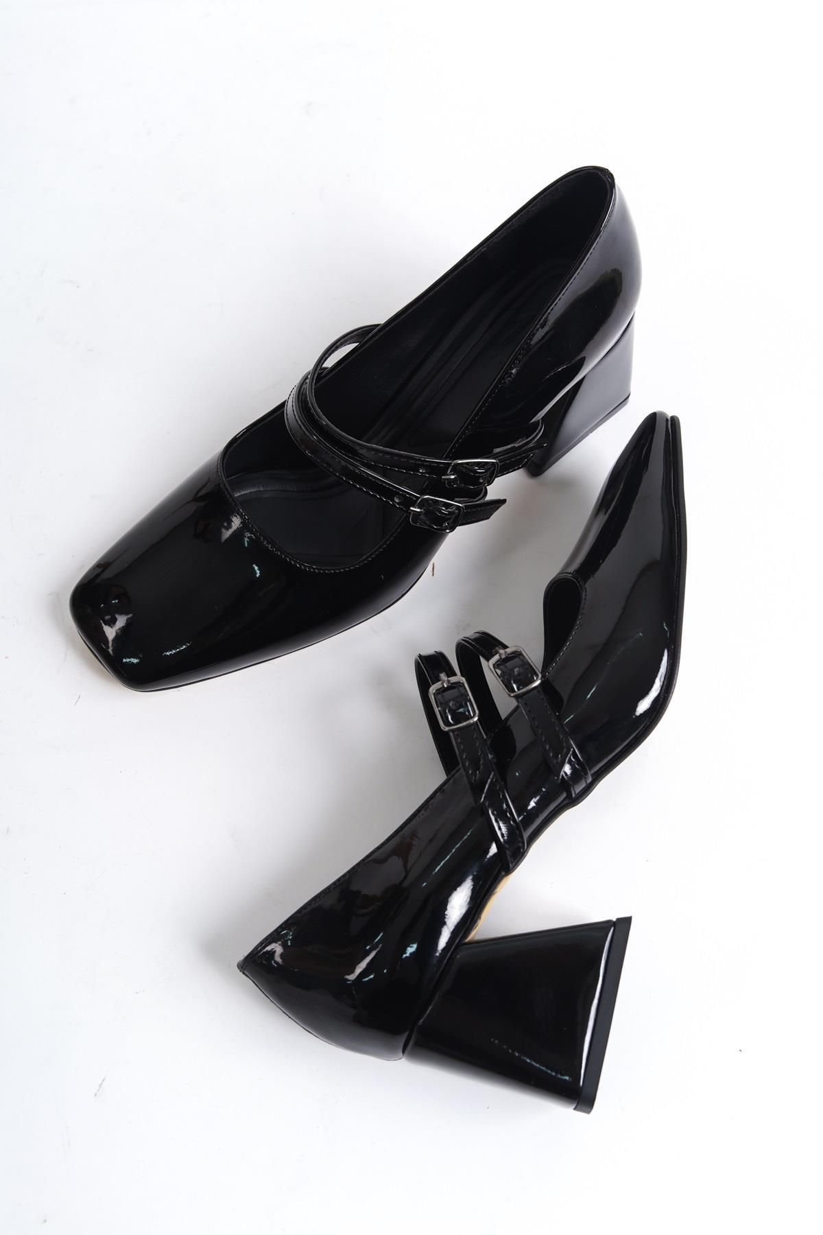 Modabuymus Culia Siyah Rugan Mary Jane Çift Bant Küt Burun Topuklu Ayakkabı