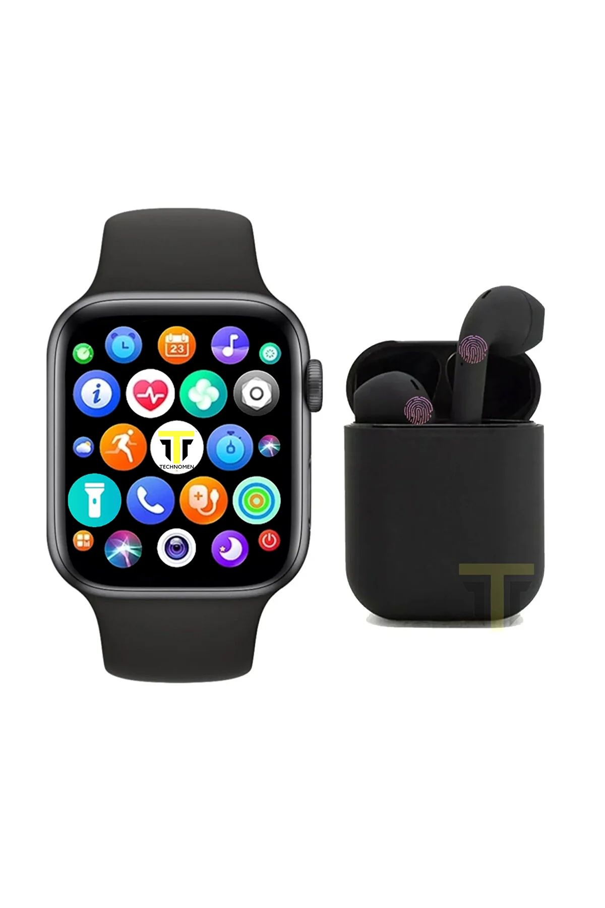 TECHNOMEN Akıllı Saat Plus + Kablosuz Kulaklık Ikili Siyah Set Ios Android Smartwatch