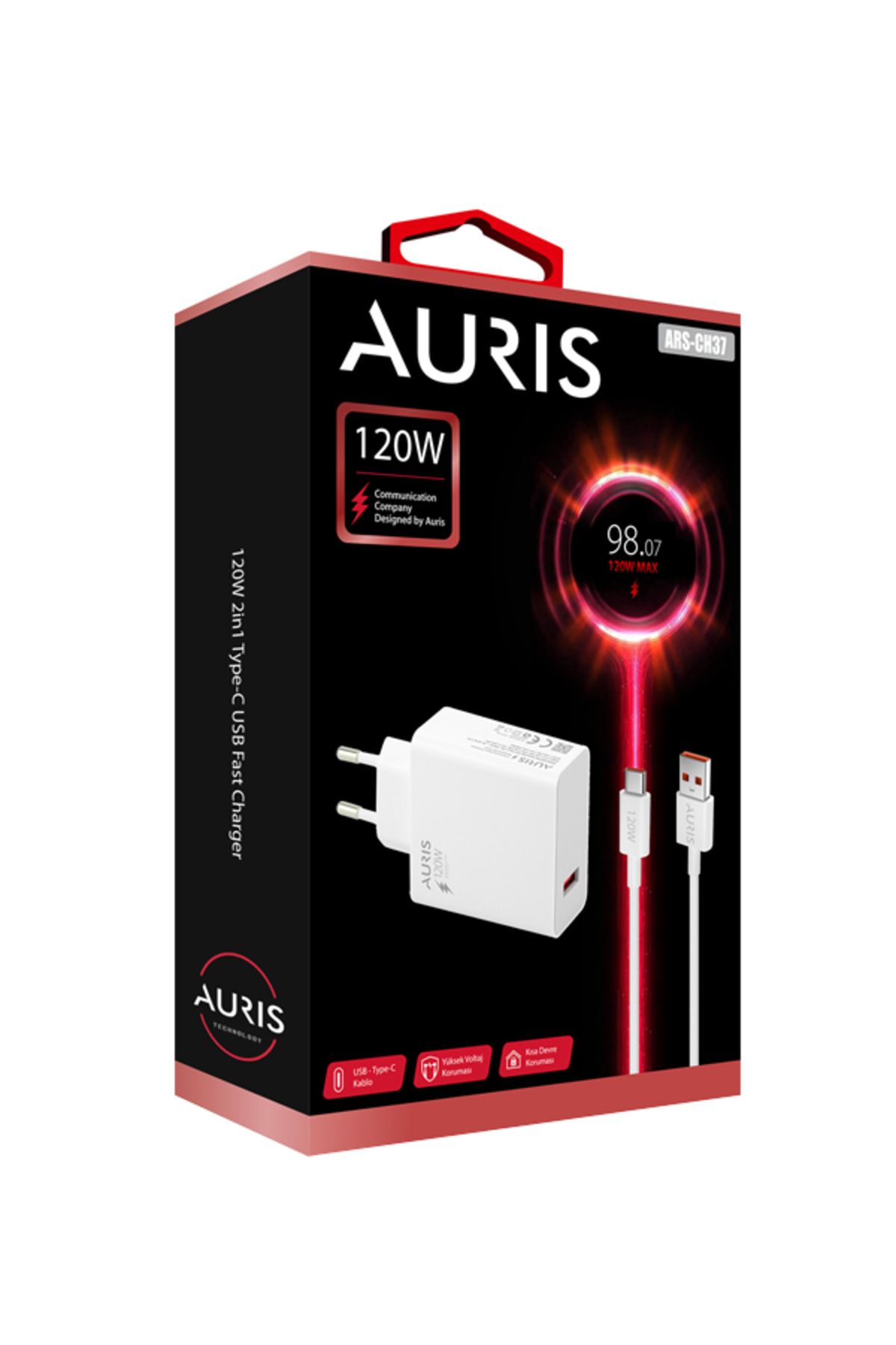 Auris 120W USB Type-C Şarj Saliseli Ultra Süper Hızlı Usb Başlık ve Type-C Kablo Seti