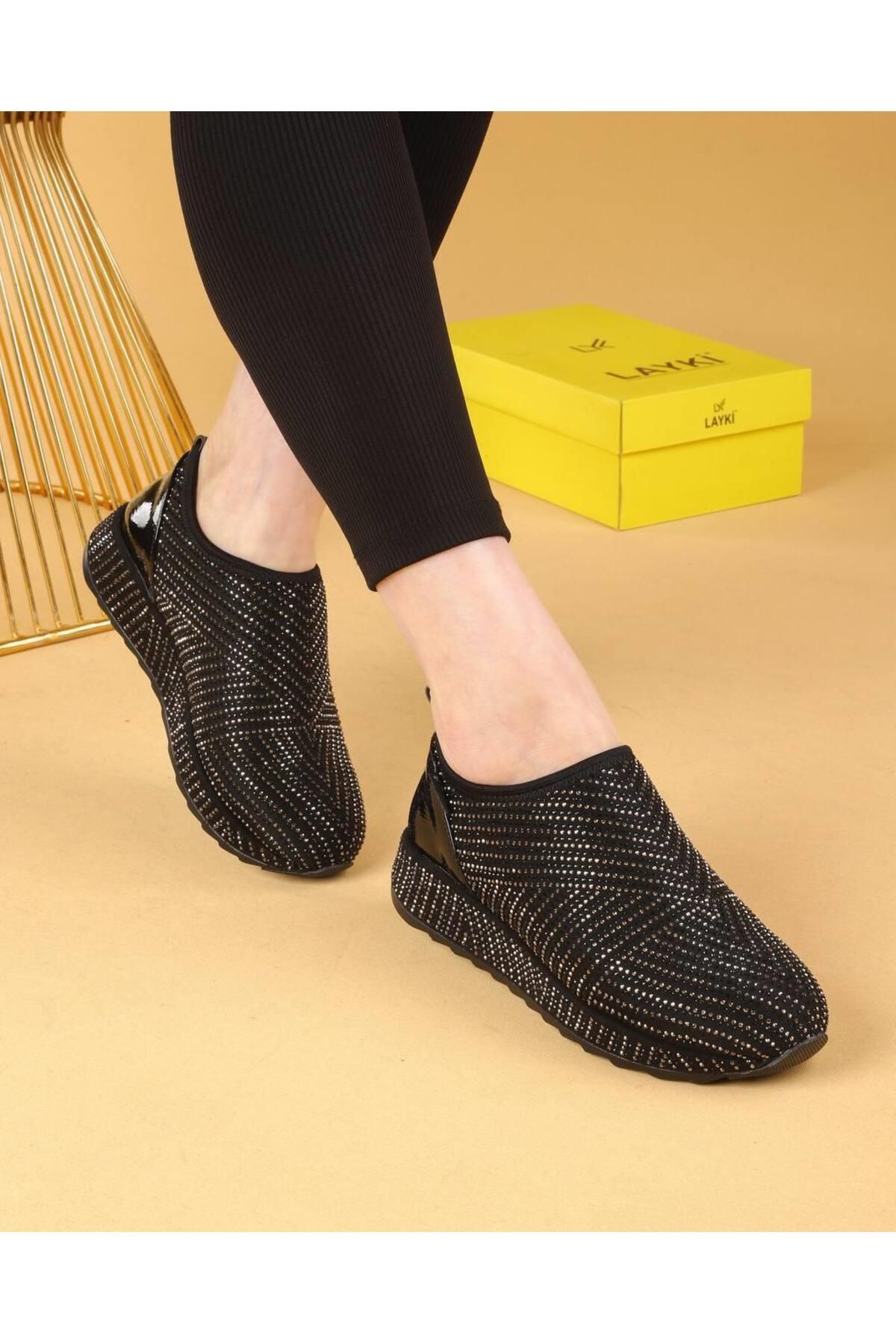 layki Hela Siyah Renkli Platin Taşlı Kadın Yürüyüş Ayakkabısı