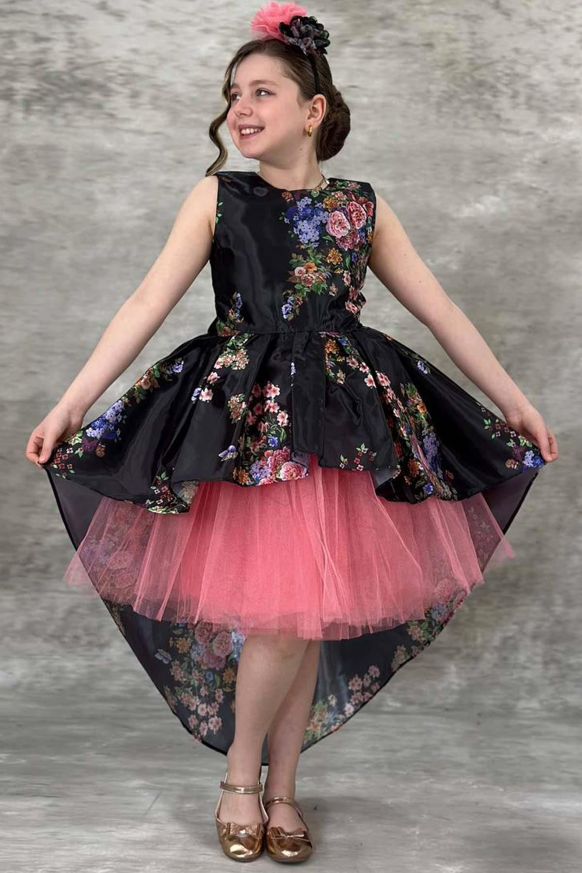 Riccotarz Kız Çocuk Çiçek Desenli Tül Detaylı Kuyruklu Saten Siyah Elbise
