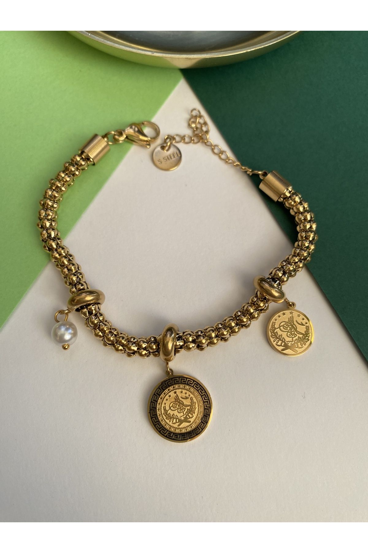 Pinery Jewels Madalyon Kalın Zincir Çelik Kararmaz Gold Bileklik