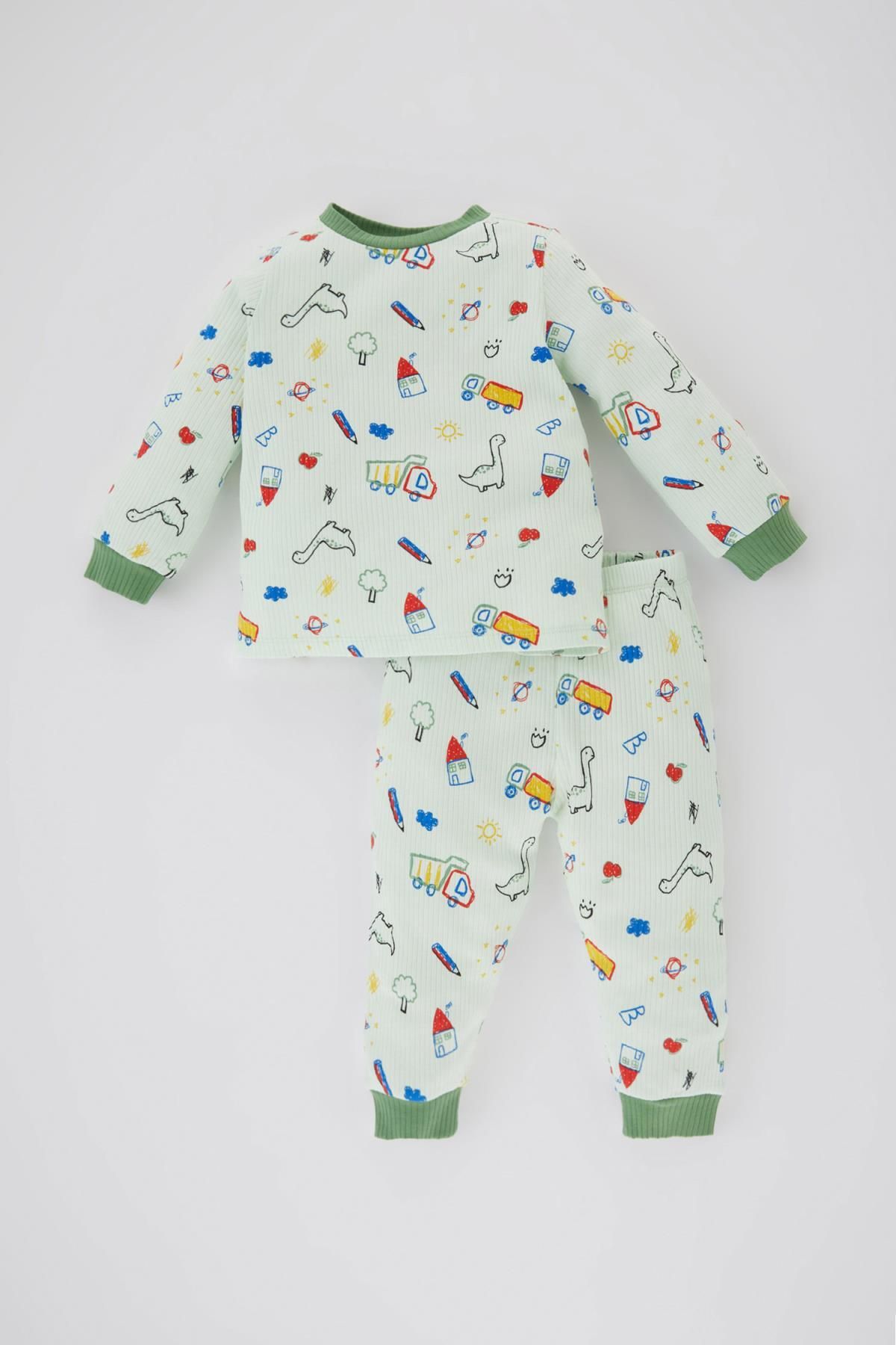 Defacto Erkek Bebek Desenli Uzun Kollu Fitilli Kaşkorse Pijama Takımı