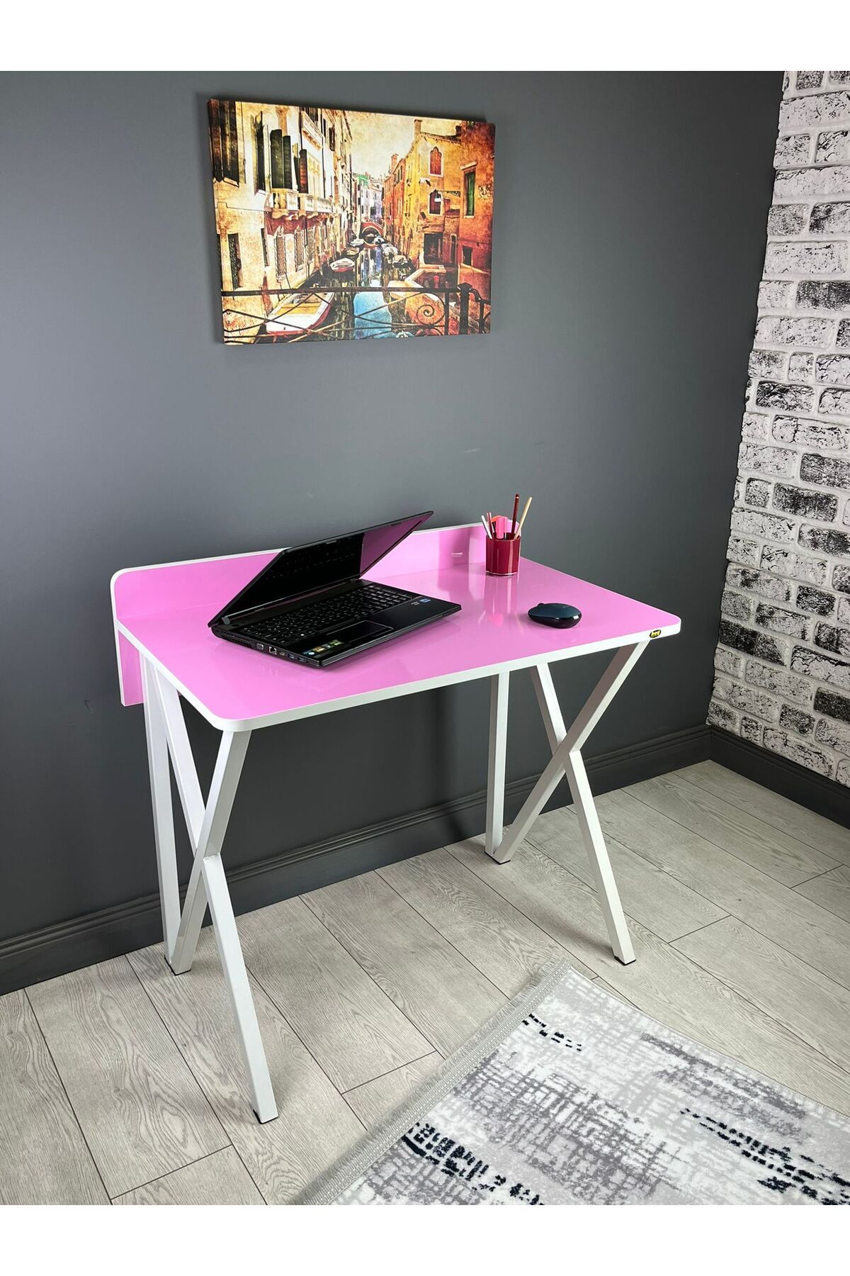 hey modüler mobilya Hayal Pembe Çalışma Masası Bilgisayar Ofis Masası Metal Beyaz Ayaklı 90 cm