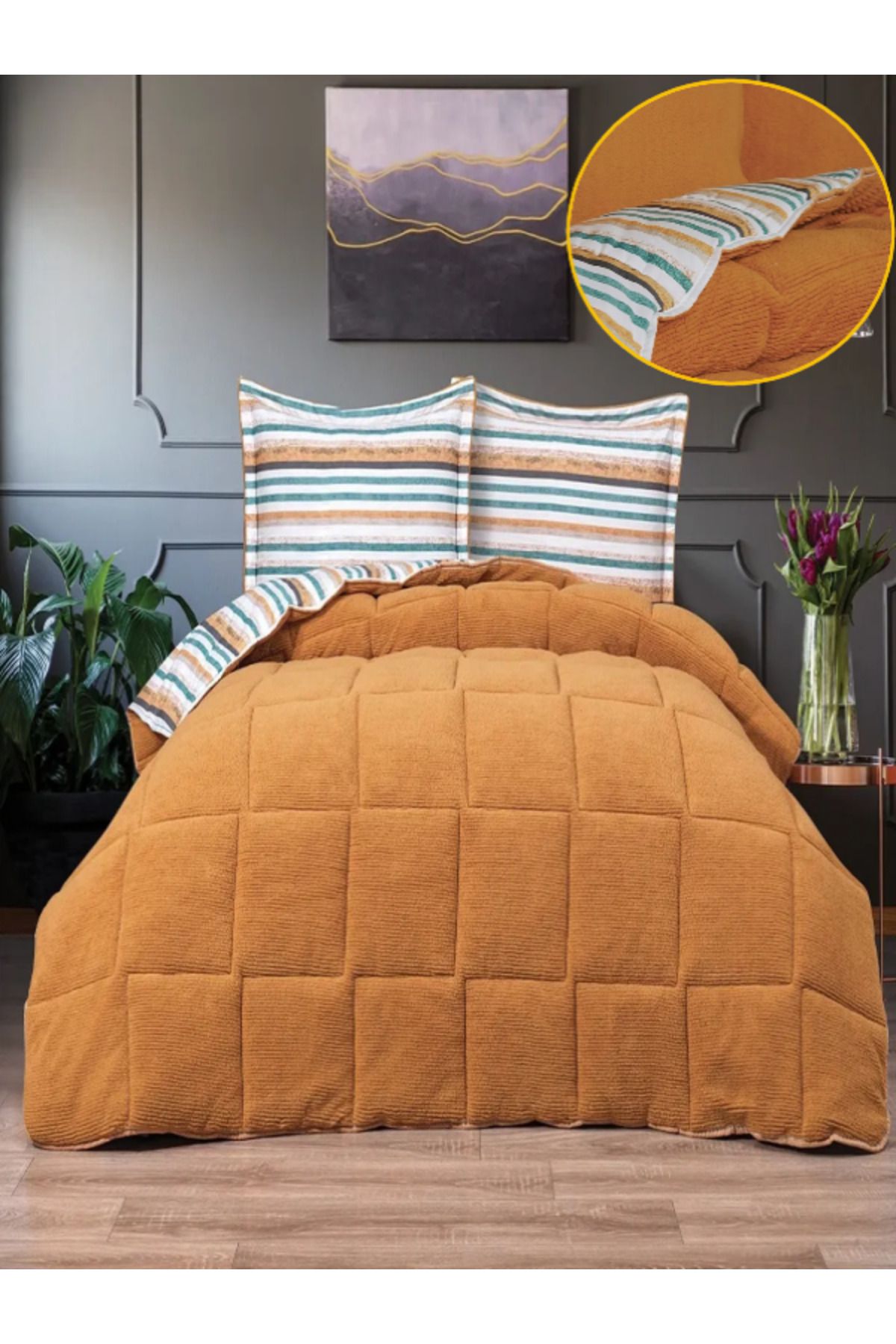 Bayev Turuncu Comforter 4lü Battaniyeli Kışlık Uyku Seti