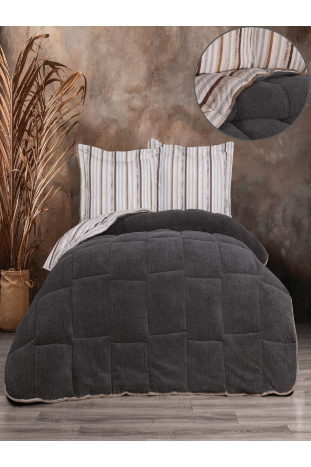 Bayev Gri Comforter 4lü Battaniyeli Kışlık Uyku Seti