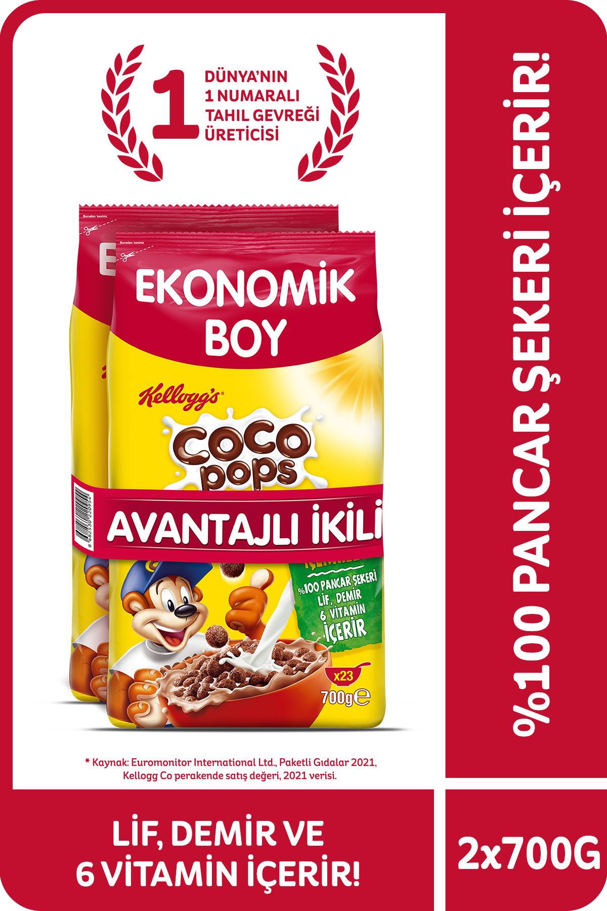 Kellogg's Coco Pops Çikolatalı Buğday Ve Mısır Gevreği 700 gr X2 Adet Avantajlı Paket, Lif Kaynağı