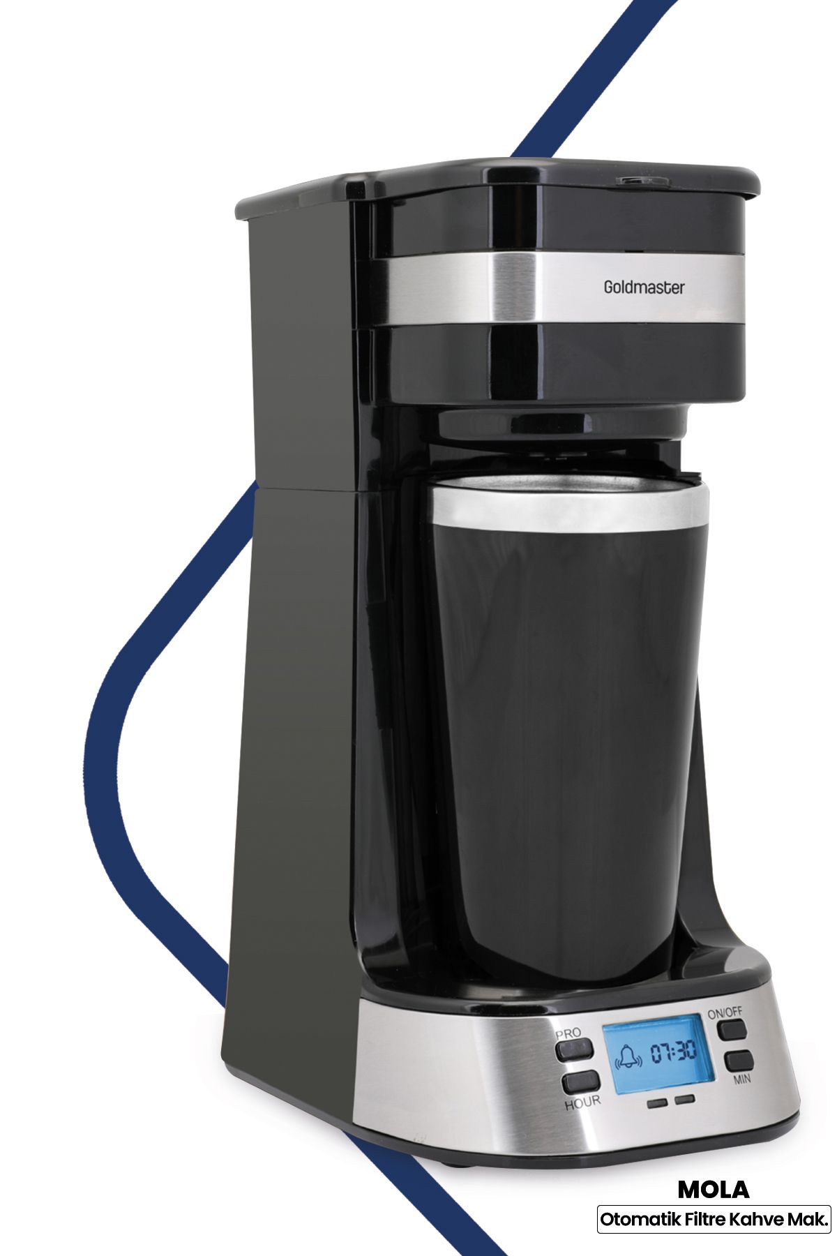 GoldMaster Mola Dijital Zaman Ayarlı Çelik Termoslu Sızdırmaz Bardaklı Otomatik Filtre Kahve Makinesi
