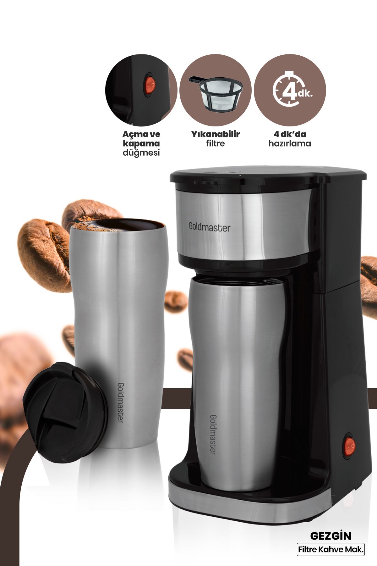 GoldMaster Gezgin Çıkarılabilir Filtreli Çelik Sızdırmaz Termoslu Filtre Kahve Makinesi