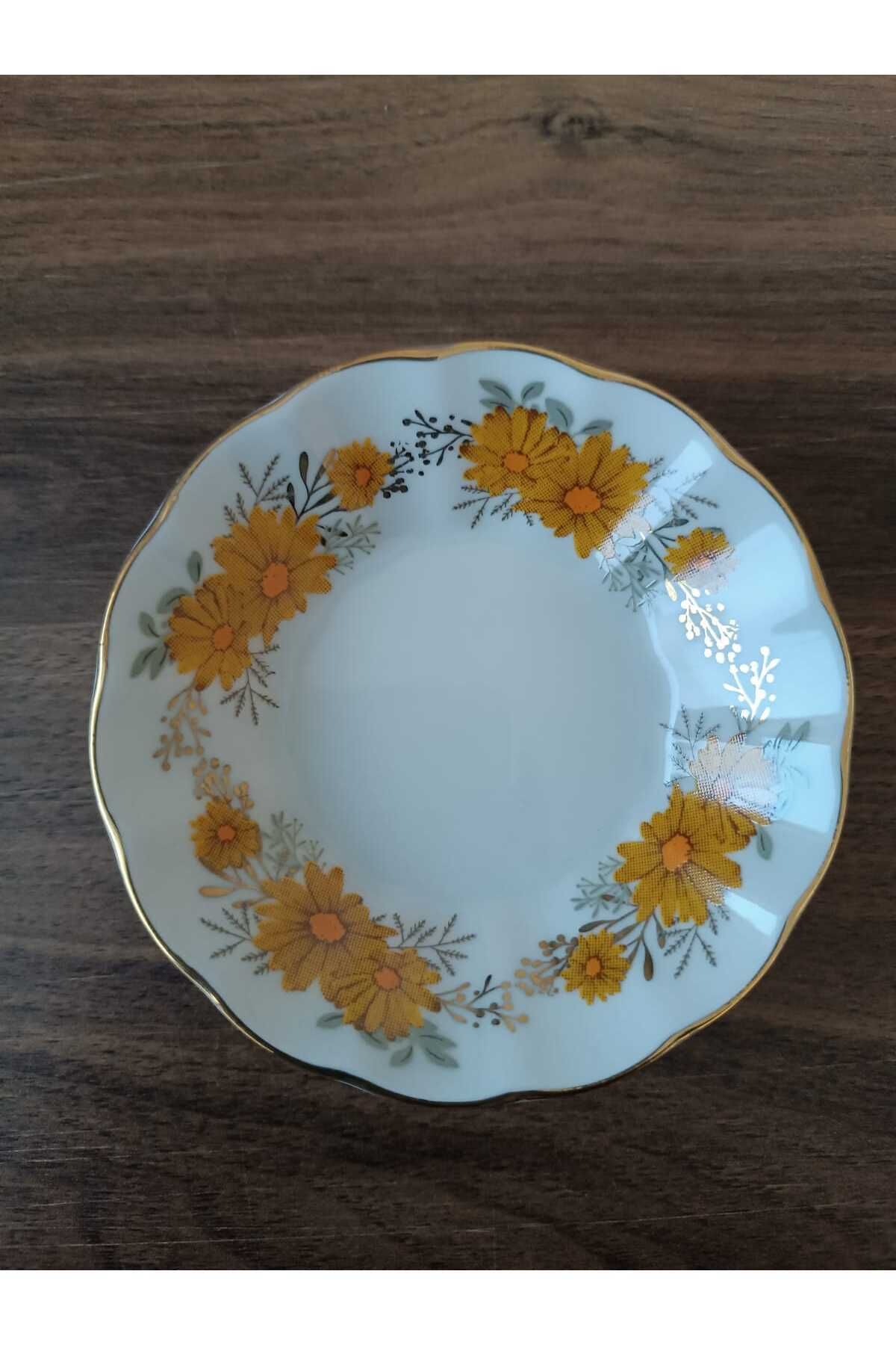 AYBABA STORE Sarı Çiçekli Çay Tabağı 6 Adet Altın Yaldızlı