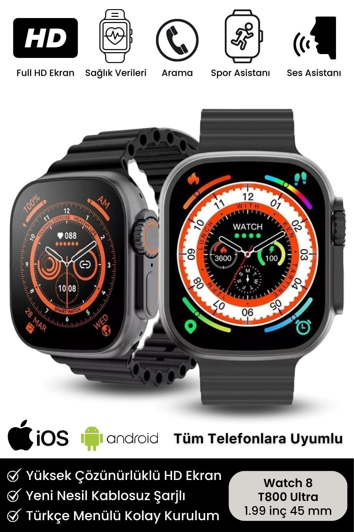 Noriyen Watch 8 Ultra Series Ios Android Uyumlu T 800 Serisi Spor ve Sağlık Sensörlü T800 Ultra Akıllı Saat