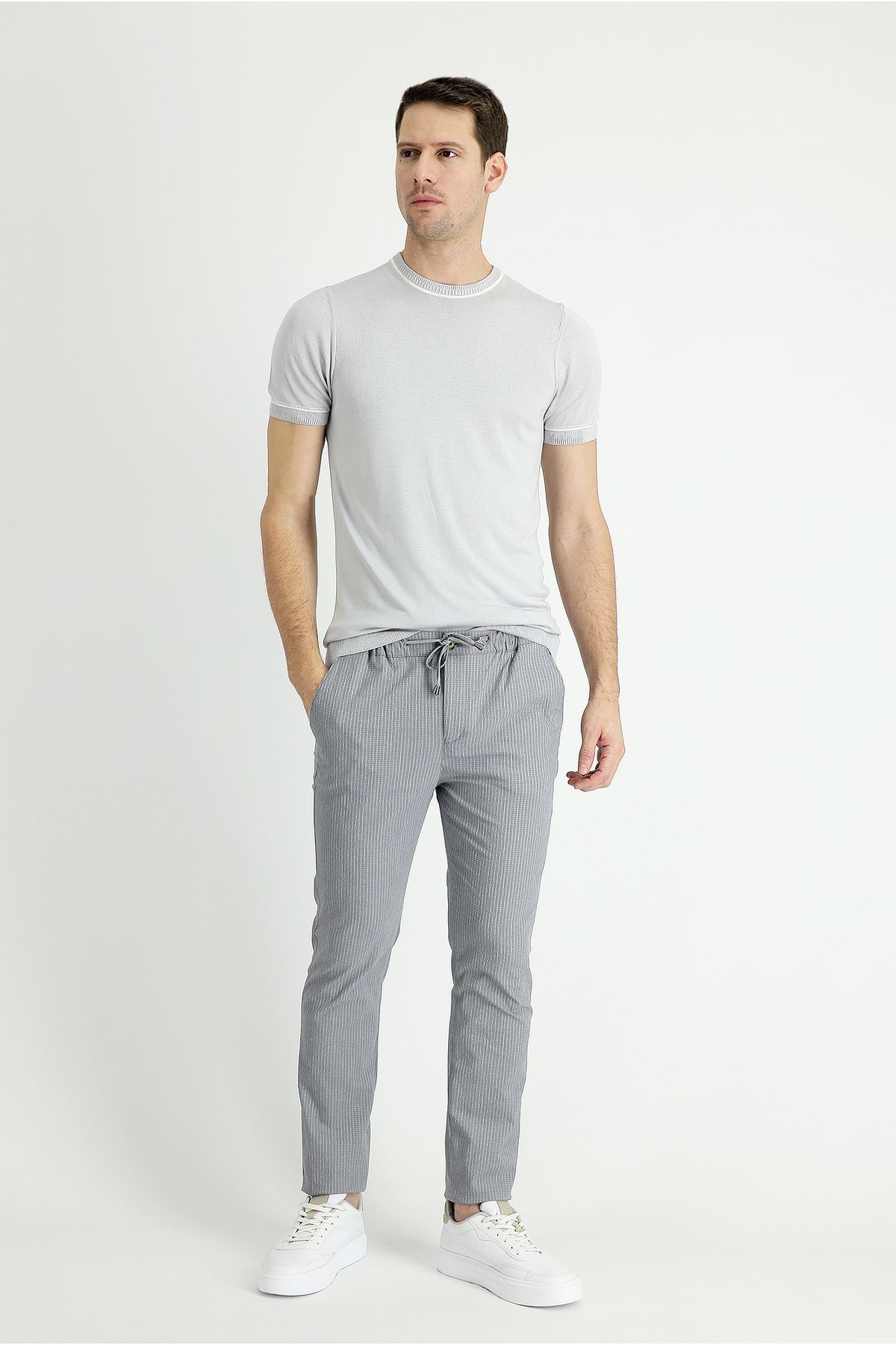 Kiğılı Slim Fit Beli Lastikli Ipli Çizgili Klasik Pantolon
