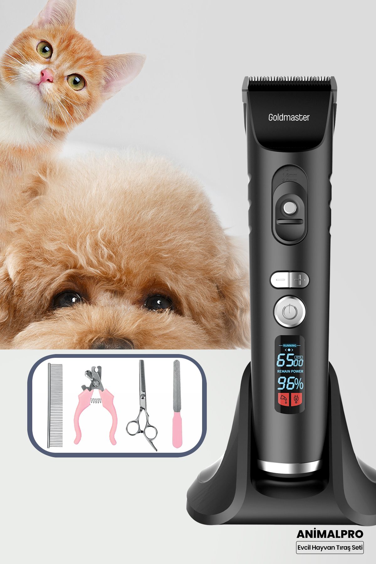 GoldMaster Animalpro Şarj Standlı Led Ekranlı Kedi Köpek Tıraş Makinesi Pet Evcil Hayvan Tüy Kesme Aparatlı