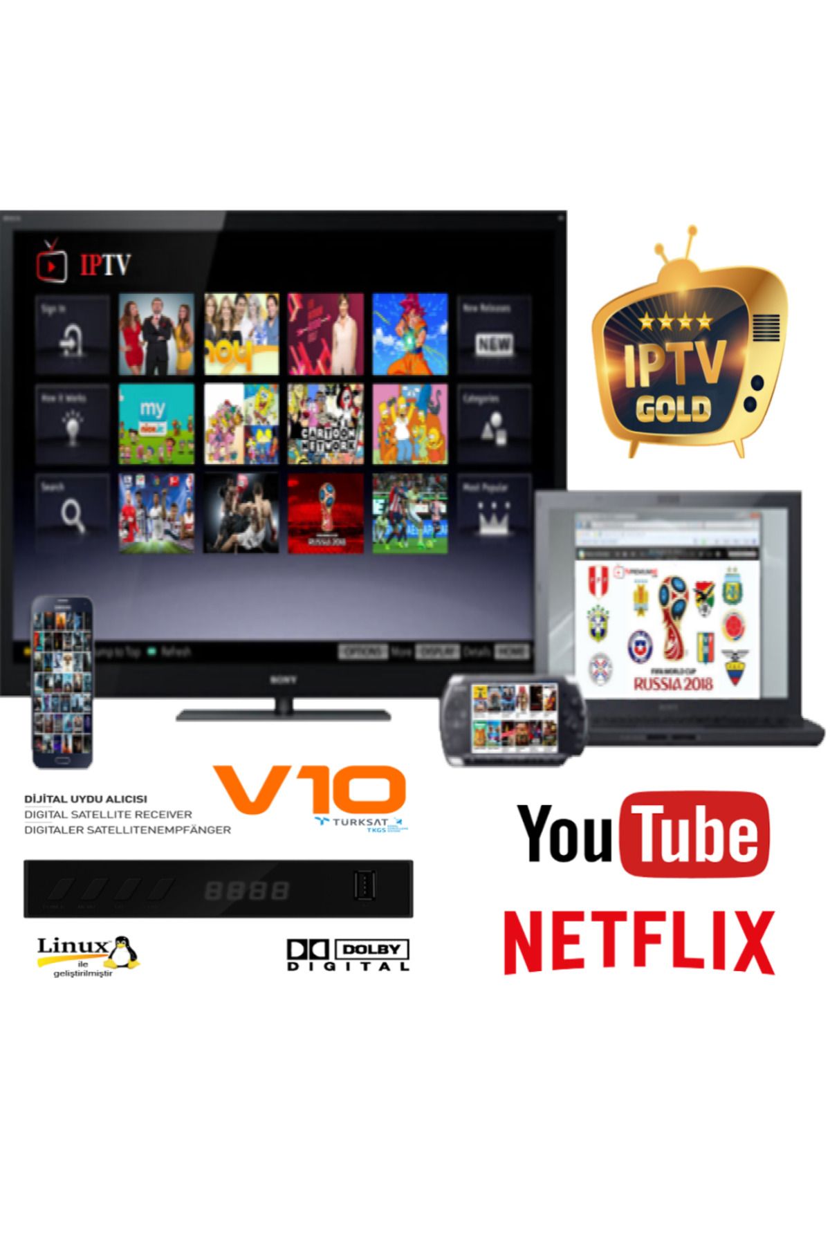 Hiremco 4K Full HD Wifi Uydu Alıcı, Tüm Dünya Kanalları Ücretsiz, IPTV Gold Hediye, Netflix,Youtube