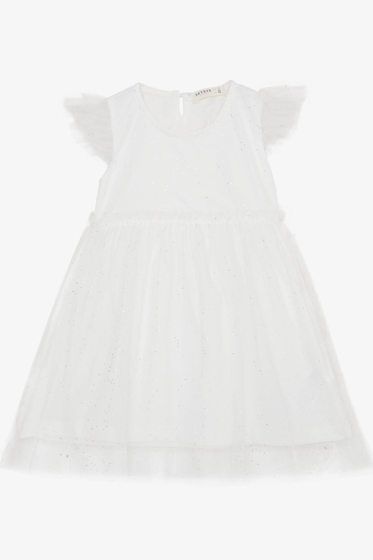 Breeze Kız Çocuk Elbise Simli Tüllü Fırfırlı 3-7 Yaş, Beyaz
