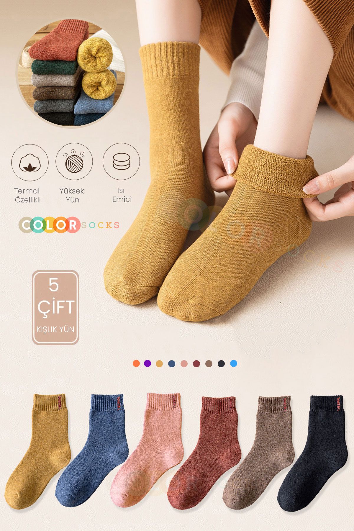Color Socks 5 Çift Termal Kadın Havlu Kışlık Çorap (ISI EMİCİ)