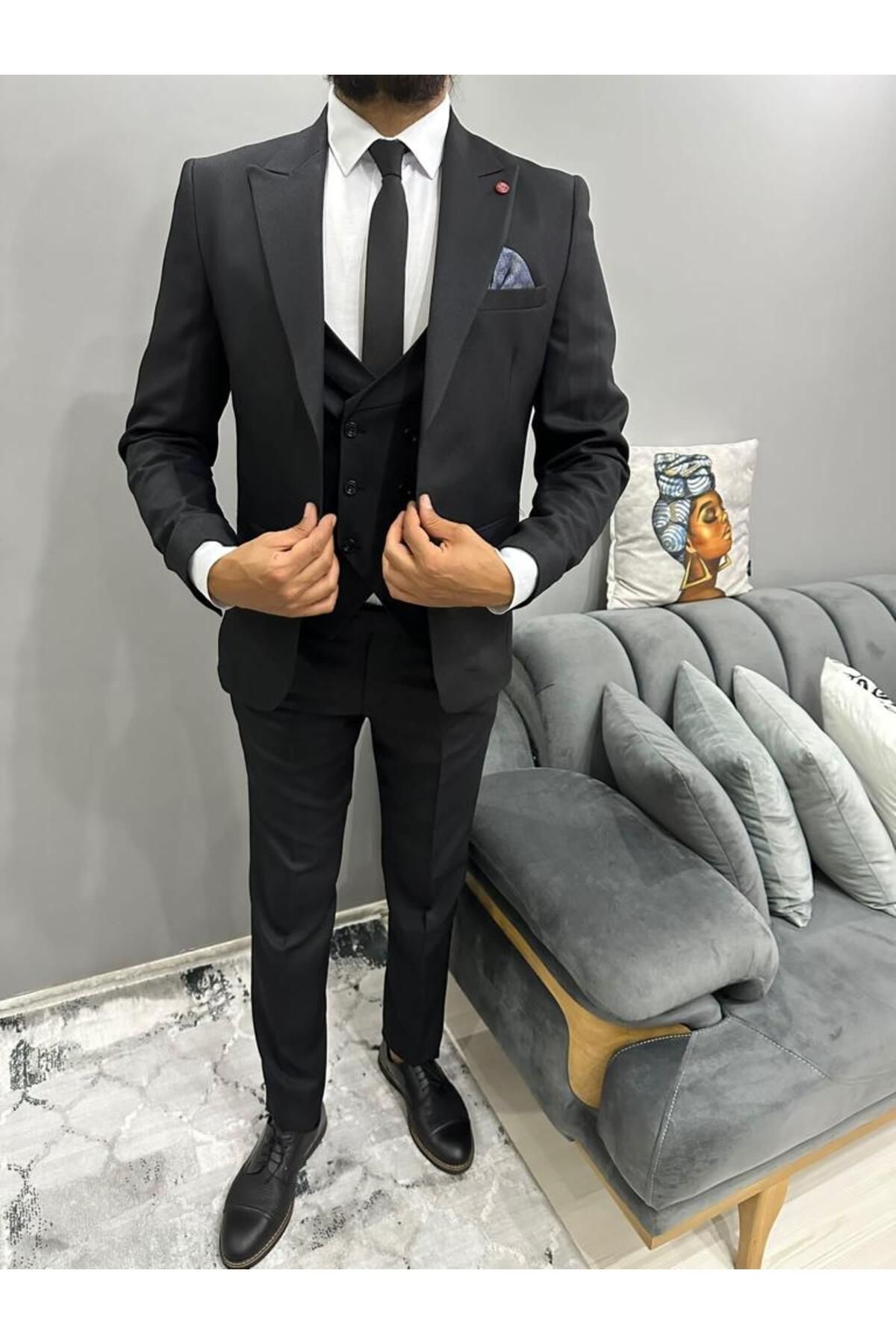 MISTER MR.PAPYON FASHION Erkek Yelekli Takım Elbise Siyah 54 Beden Zincir Ve Kravat Hediyeli