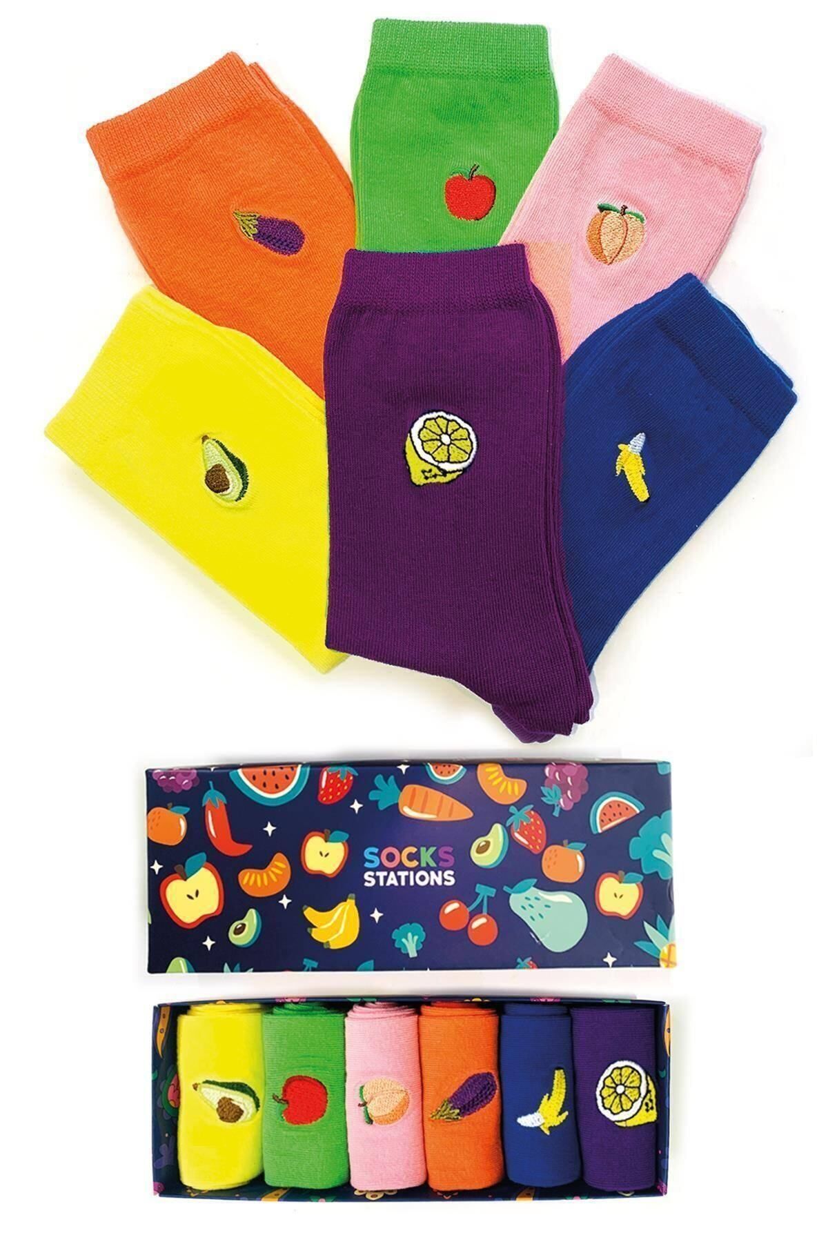 Socks Stations Unisex Renkli Nakışlı Meyve Desenli Çorap Kutusu