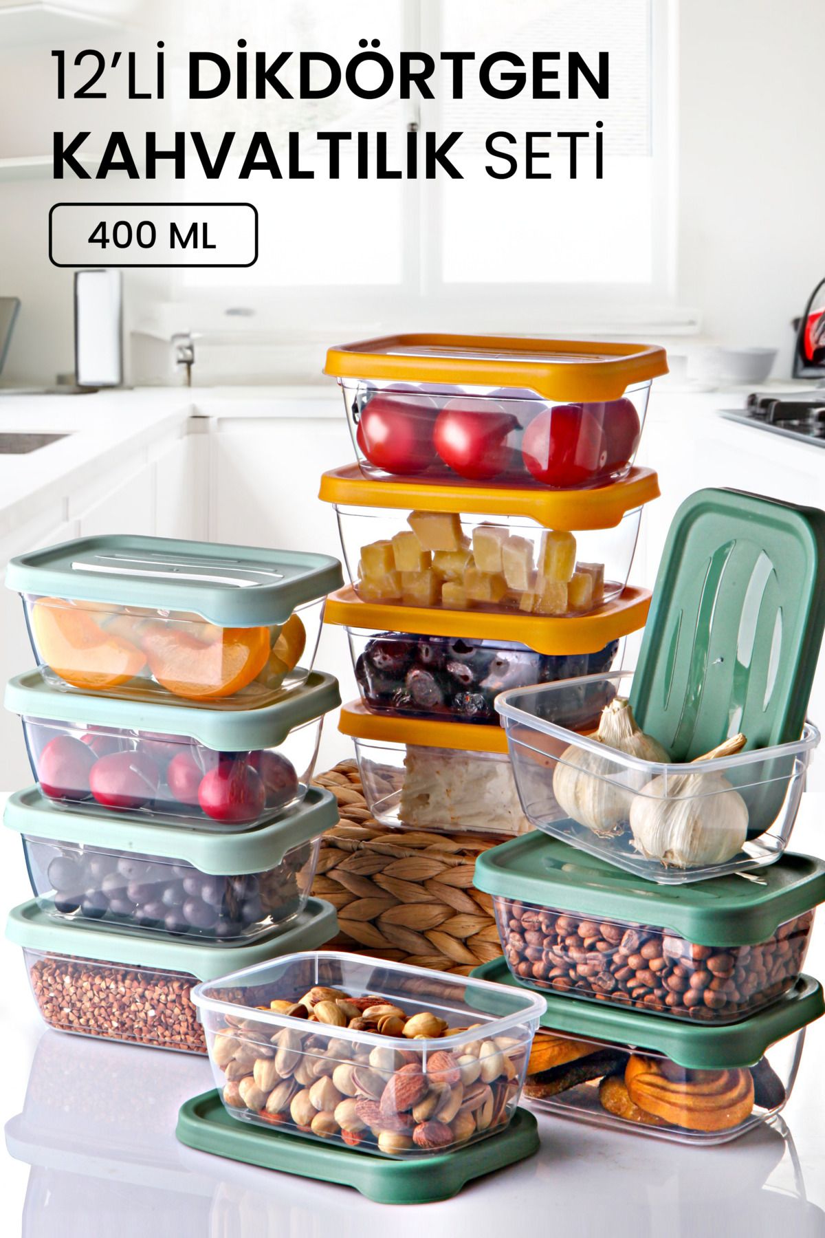 Kitchen Life 12'li Aura Dikdörtgen Saklama Kabı 400 ML - Kahvaltılık Kahvaltı Seti
