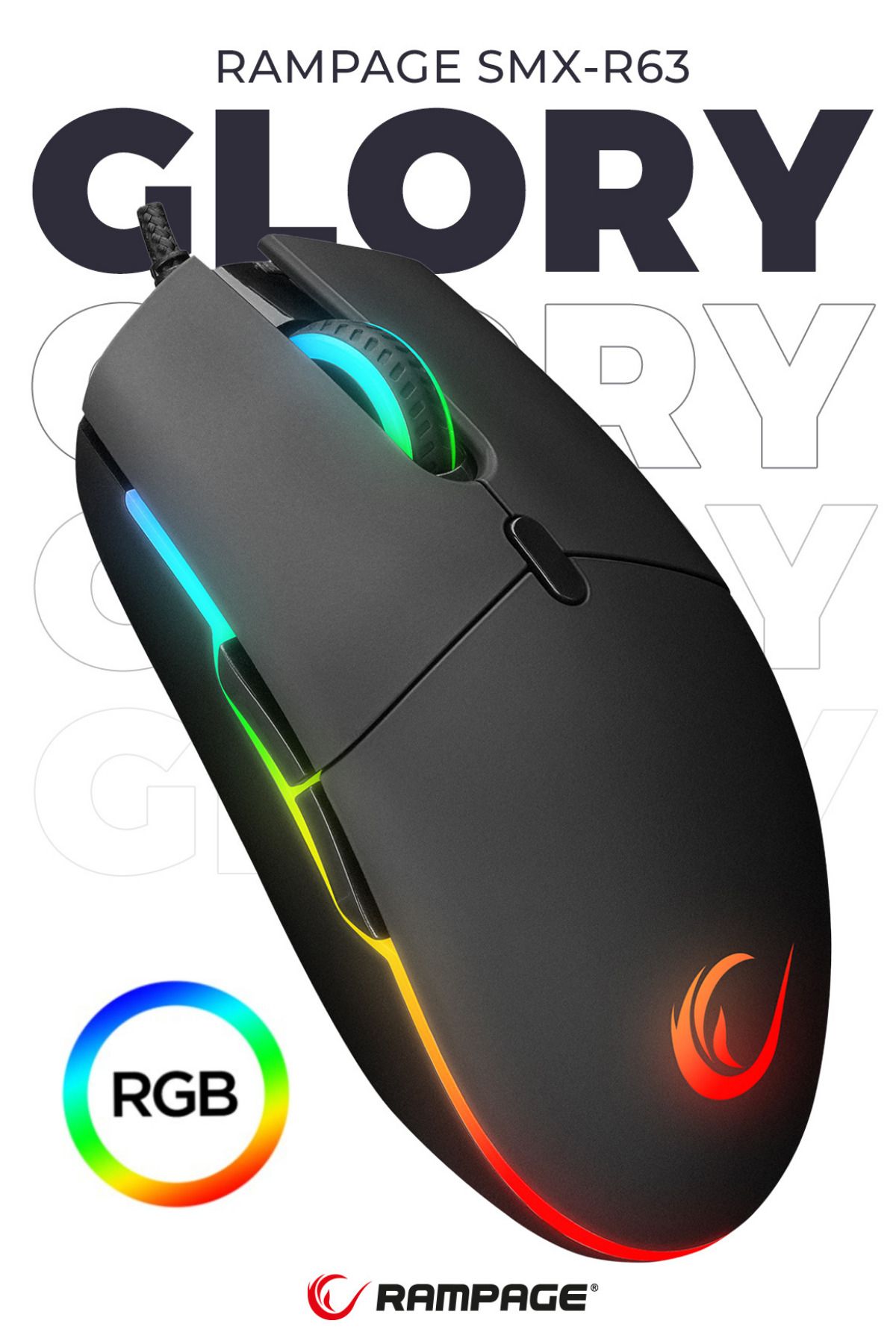 Rampage Smx-r63 Glory Usb Siyah Rgb Işıklı 6400dpi Gaming Oyuncu Mouse