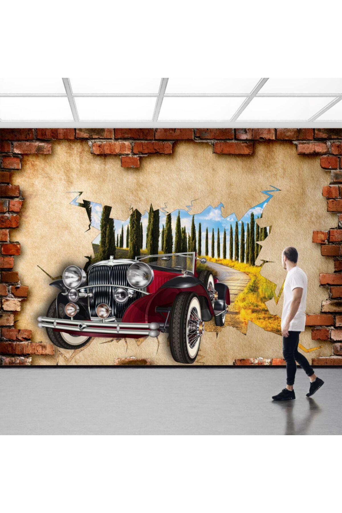 wandstoff 3d Poster Serisi W954 Klasik Kırmızı Araba Kumaş Duvar Kağıdı