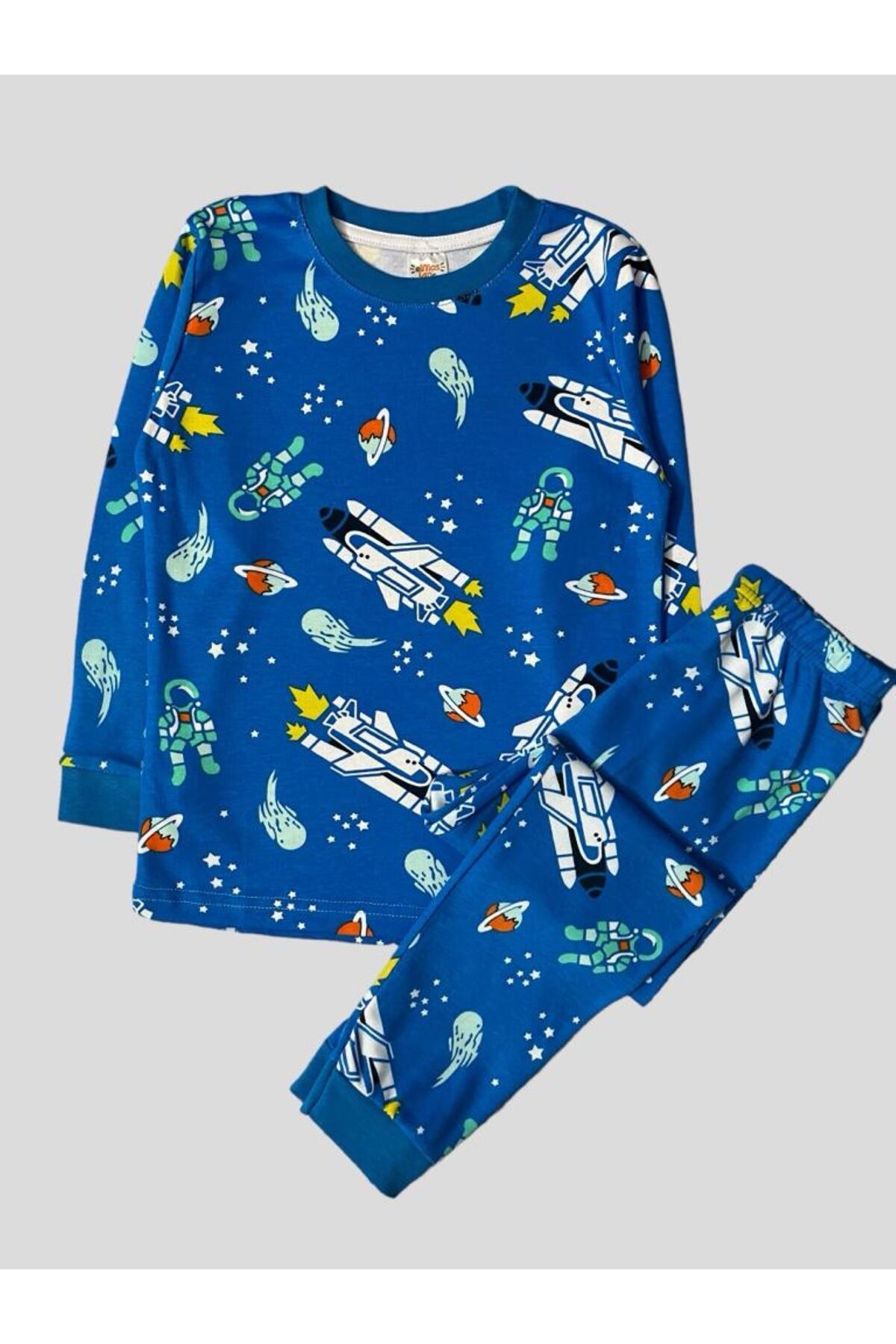 elmas kids Erkek Çocuk %100 Pamuklu Mavi Astronot Desenli Pijama Takımı