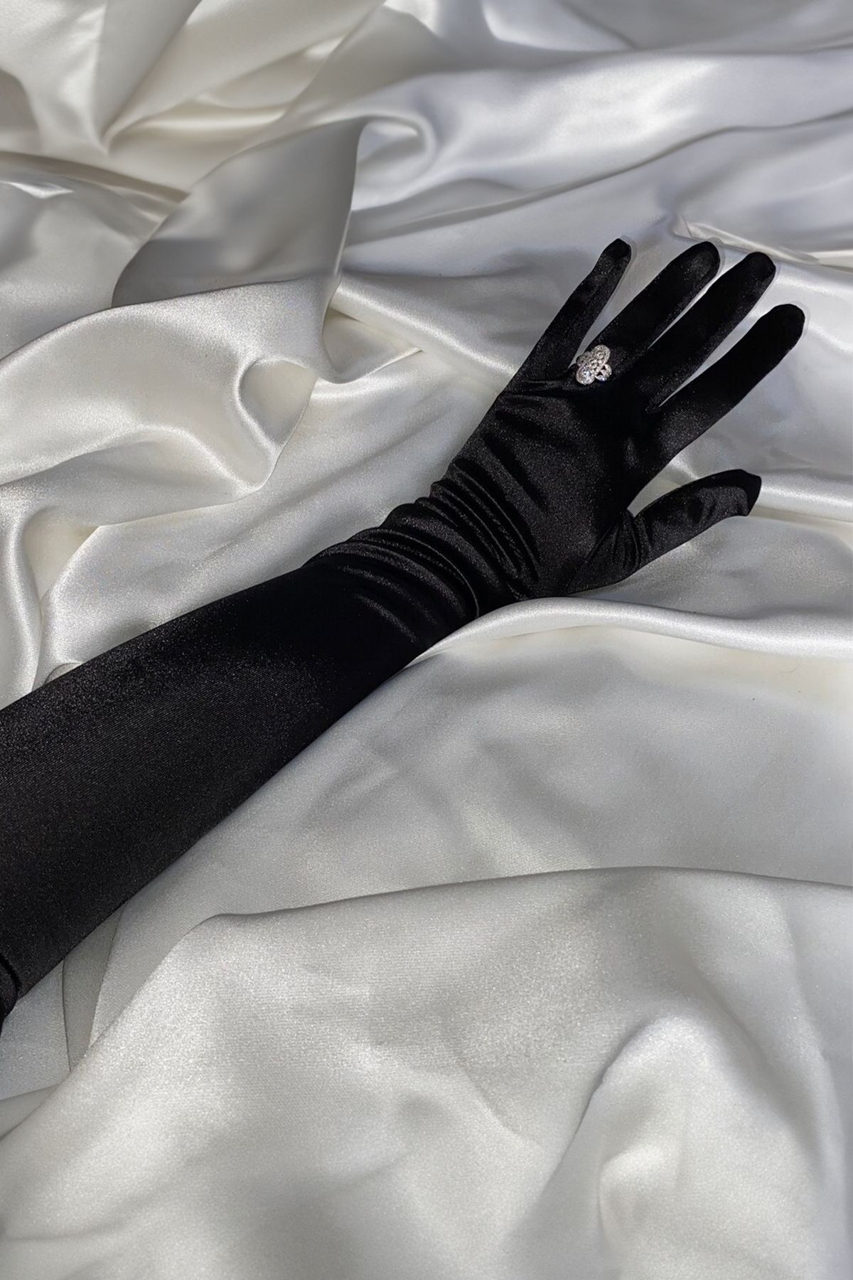 Hayalperest boncuk Uzun Gelin Eldiveni Saten Düğün Kostüm Eldiveni Opera ve Balo İçin Saten Eldiven Siyah