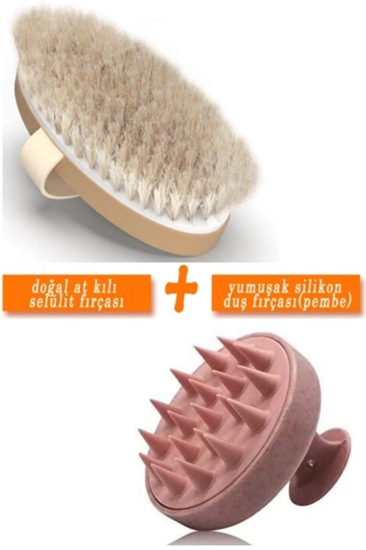 Lusso Shopping 2li Set - %100 Doğal At Kılı Selülit Fırçası + Yumuşak Silikon Saç Derisi Masaj Şampuan Duş Fırçası