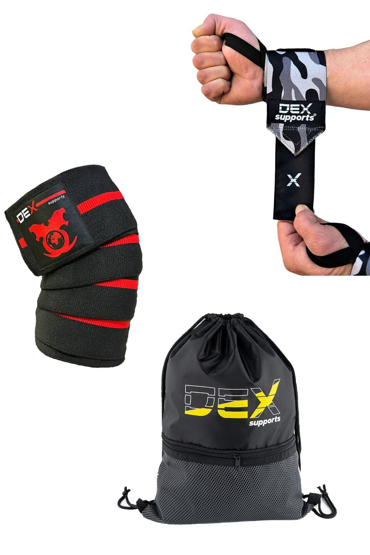 Dex Supports Lasting Energy Knee Wraps Kamuflaj Wrist Wraps Sackpack 3'lü Set