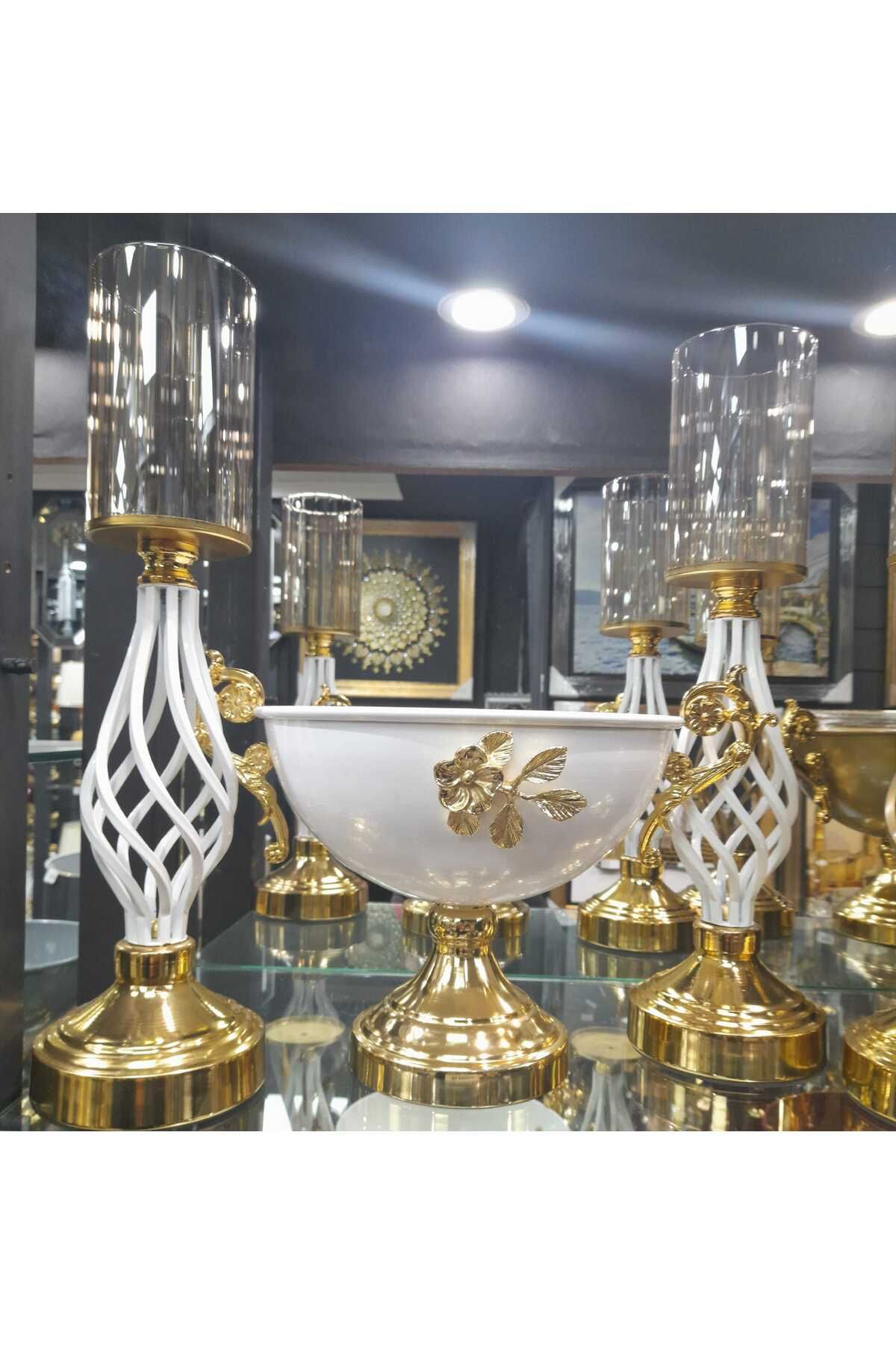 MEYLACO 3'lü Salon Aksesuarları Beyaz Ve Altın Cam Metal Şamdan Ölçü Yükseklik 47cm Gondol 23x27cm