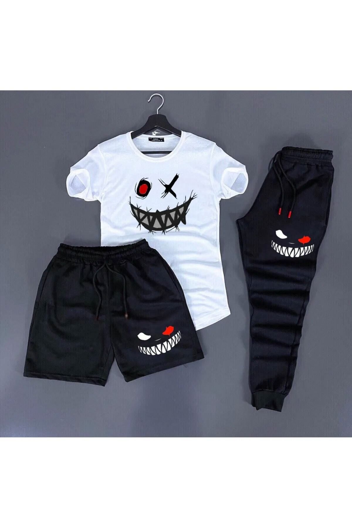 Hunors Sportswear & Company 3'lü Unisex Kombin Smile Baskılı T-shirt, Şort Ve Eşorfman Kombin