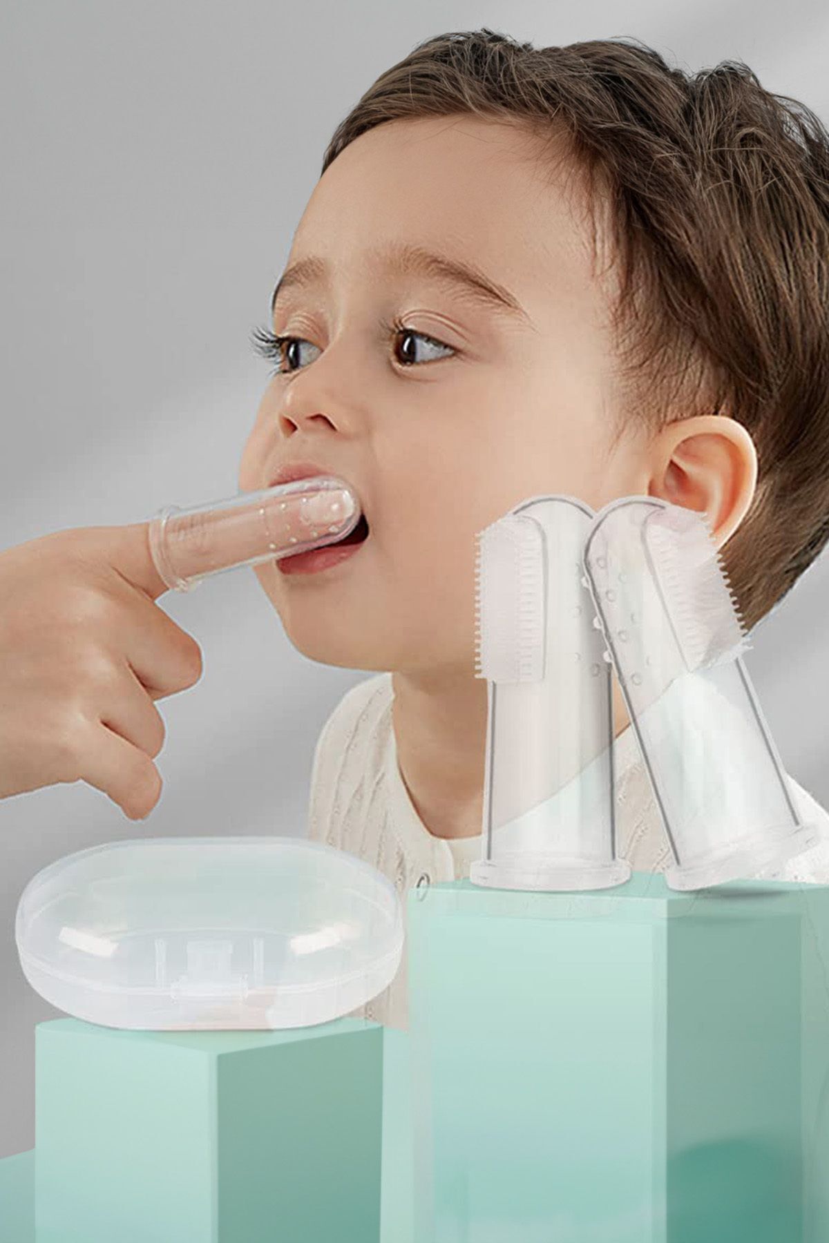 Factorial Kutulu Şeffaf Silikon Bebek Parmak Diş Kaşıyıcı Dil Temizleyici Diş Fırçası