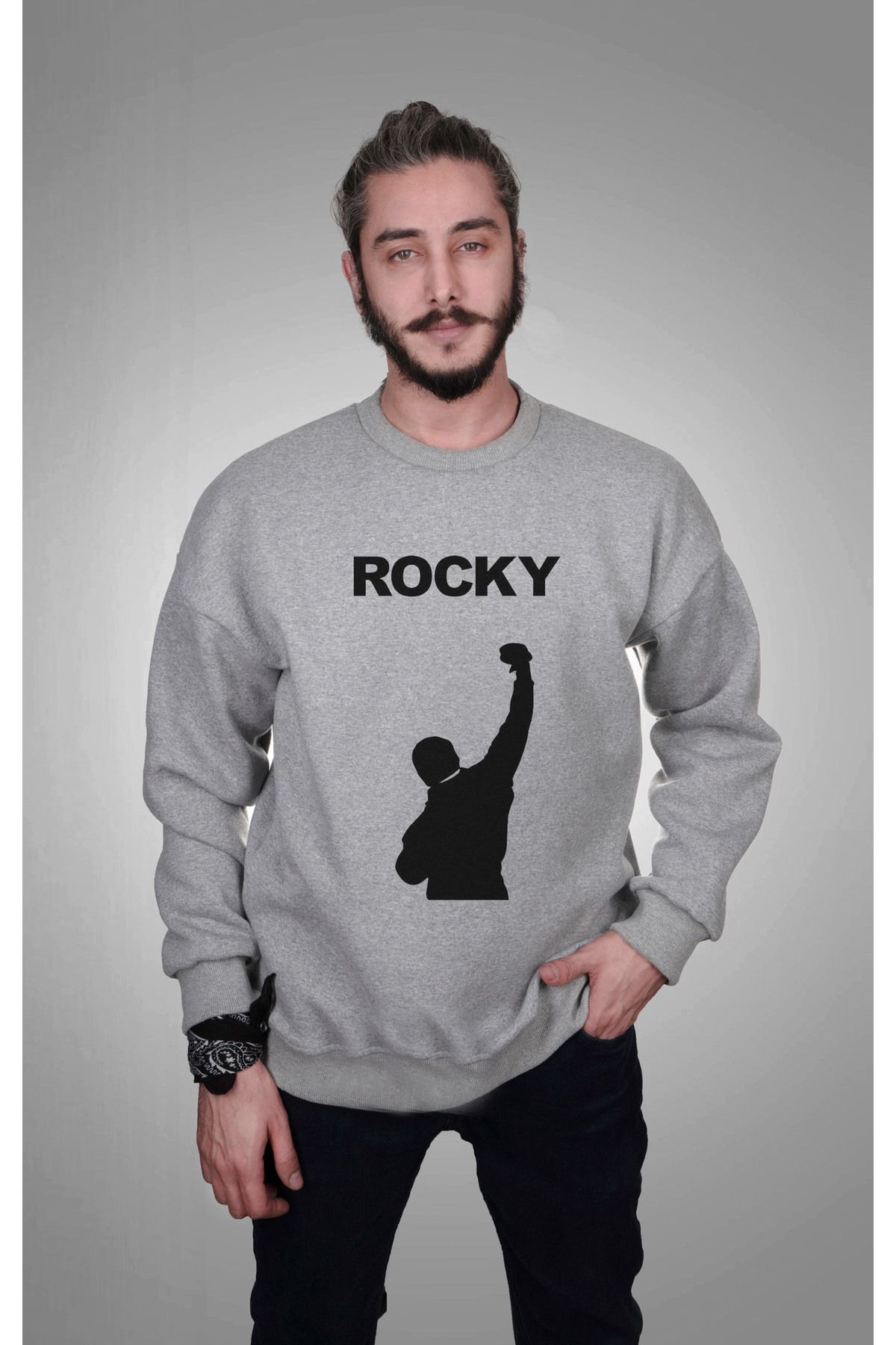 Darkia Rocky Balboa Özel Tasarım Baskılı Gri Unisex Oversize Sweat Sweatshirt