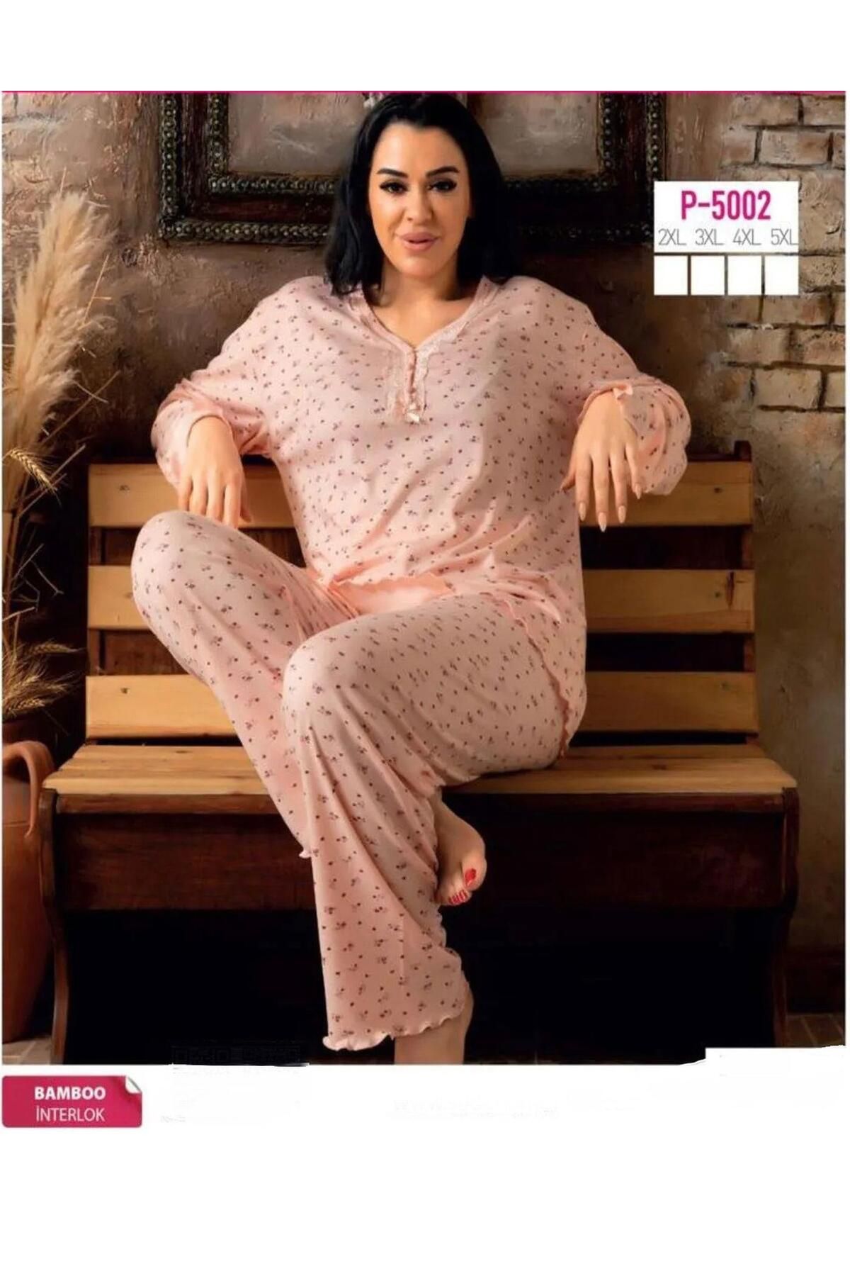 Sude Kadın Bambu İnterlok Büyük Beden Uzun Kol V Yaka İnce Pijama Takımı 5002 - 1 Adet
